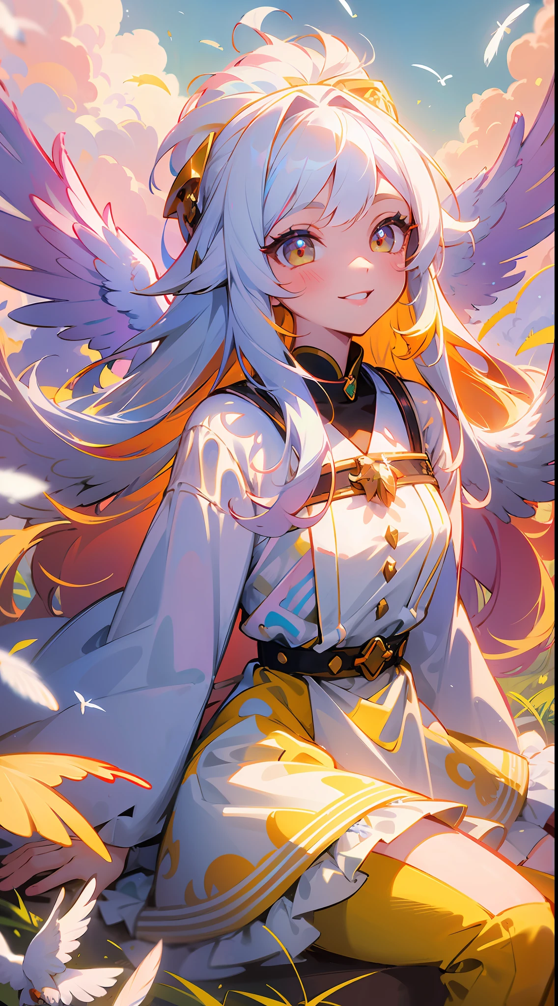 girl in a valley, sitting, blush, stylized dress, holding red cup, dreamy big eyes, radiant smile, gradient eyes, long hair, multicolored hair, white hair, yellow hair, wings, flowers, sun light, immersive and detailed scenery, feathers floating, cute little creature, clouds, birds, high resolution illustration, best quality, hyper detailed, (colorful
