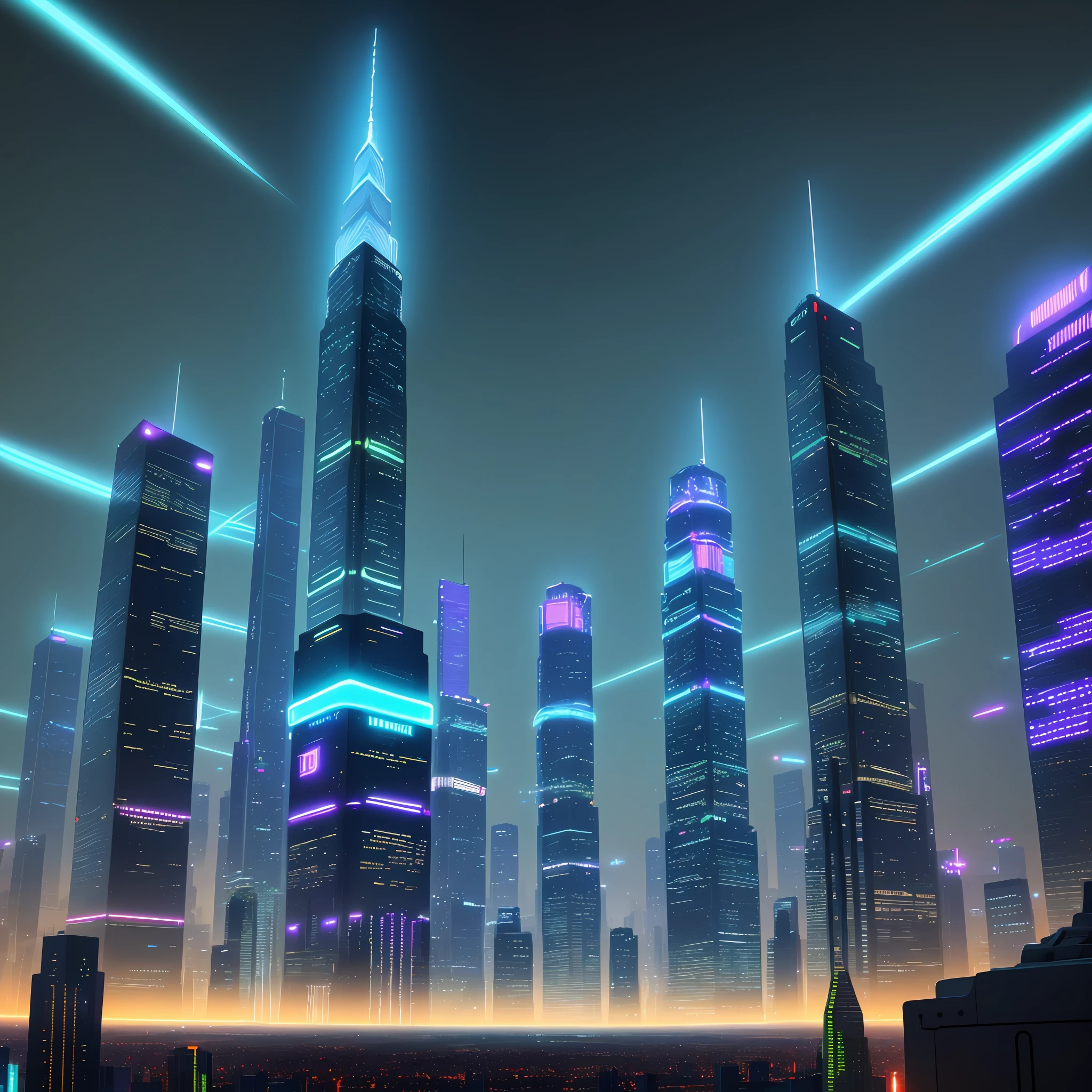 skyscrapers night view neon sci-fi cyberpunk ultra high definition utopia utopia megacity big city masterpiece perfection