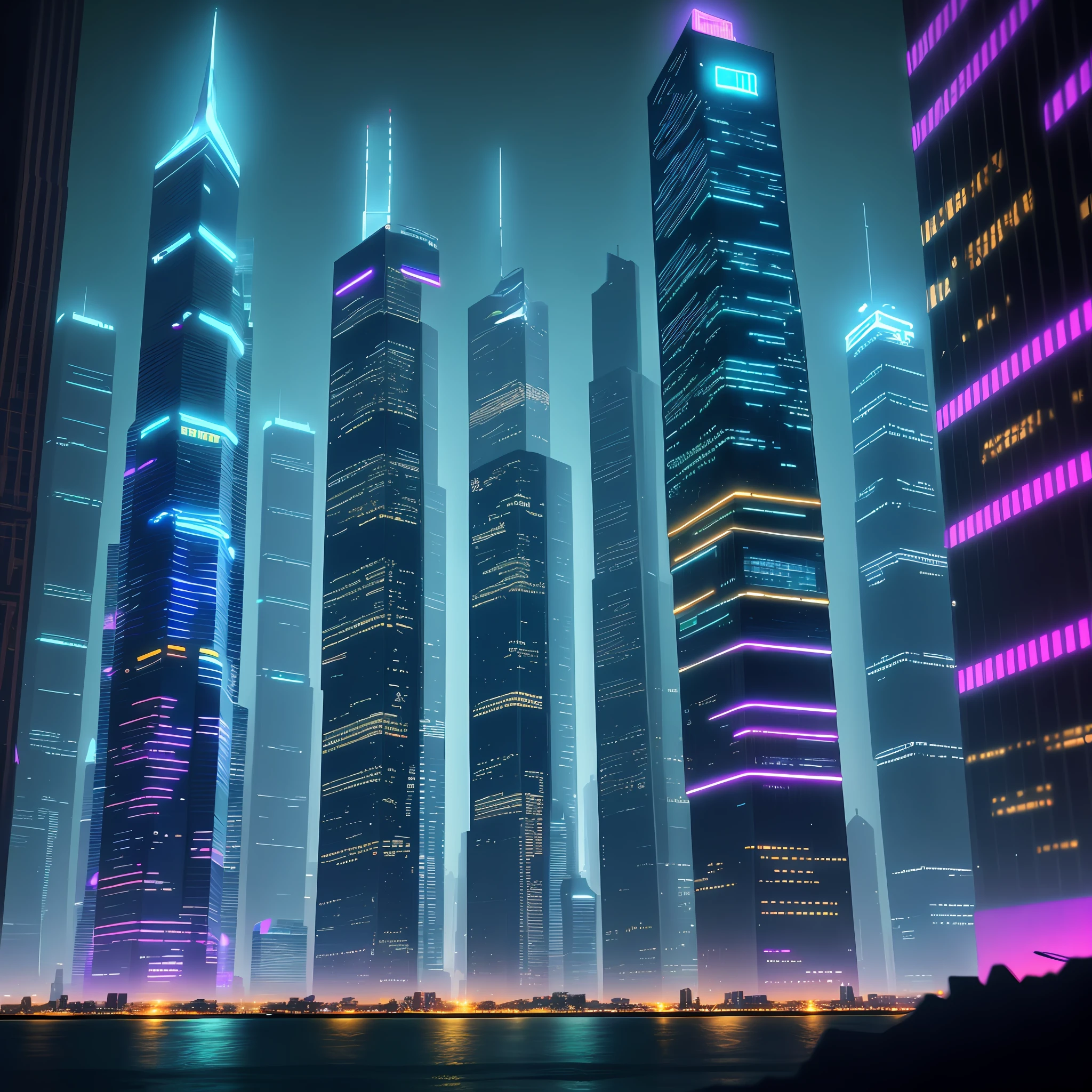 Skyscrapers Night View Neon Utopia Luminous Utopia Top Quality Big City Science Fiction