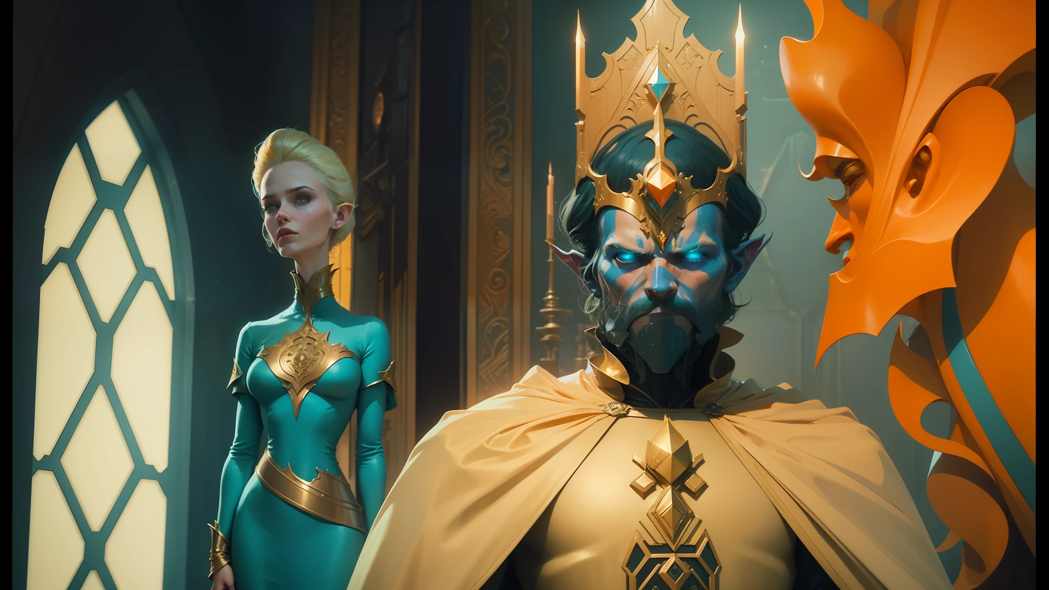 there is a man and woman dressed in costumes standing in a room, tom bagshaw artstyle, gold throne, unreal engine 5 : :, in the iconic style of moebius, youtube thumbnail, by John E. Berninger, deepfake, supervillains, orange hue, blonde elvish empress --auto --s2
