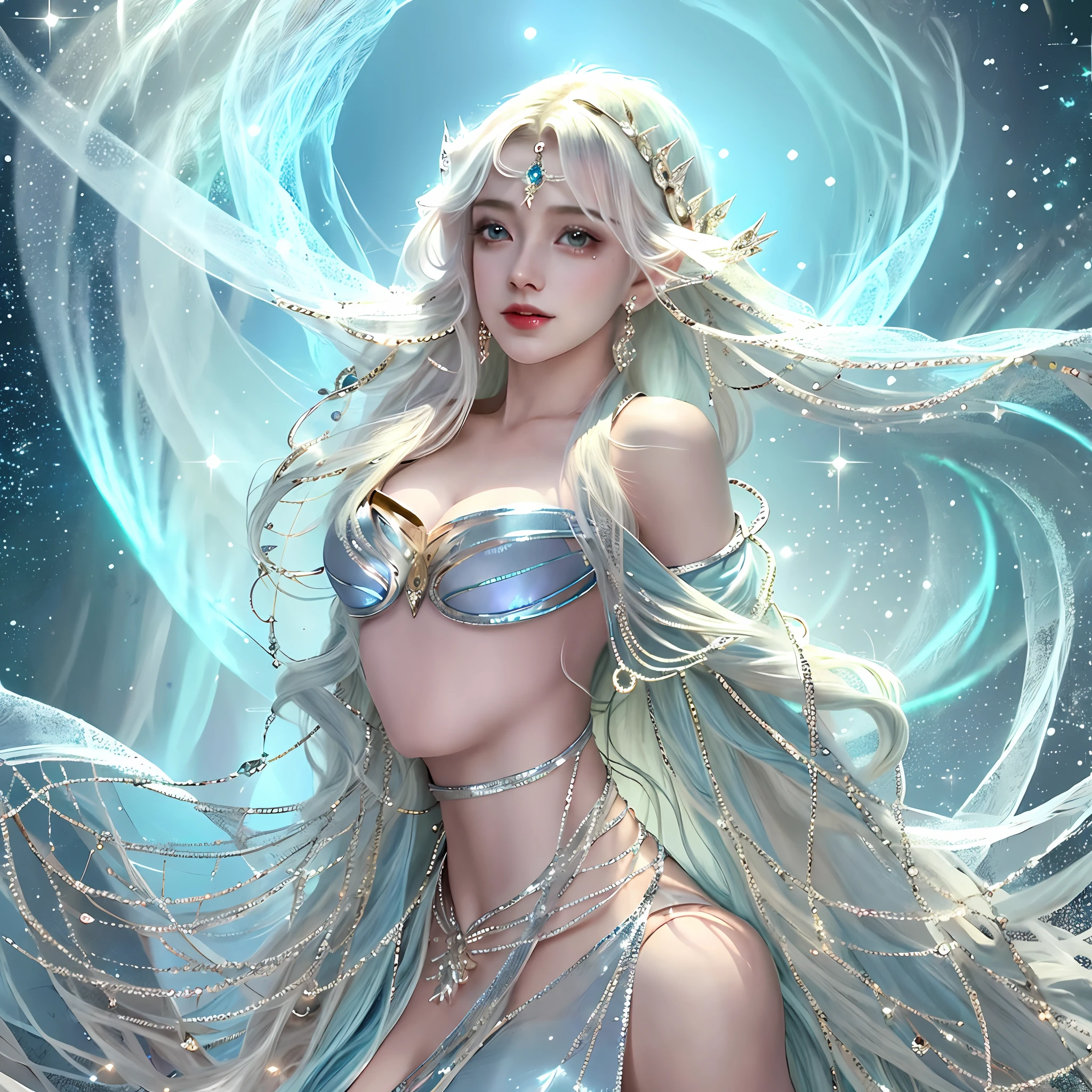 Seraphina, the Star Dancer: Seraphina is a graceful elf, with hair as blue as the night sky and shimmering silver eyes. She wears a flowing dress, adorned with shining stones that reflect starlight. Seraphina is known for her magical dance skills, which summon the heavenly energies and enchant those who observam.art Milo Manara style --auto --s2