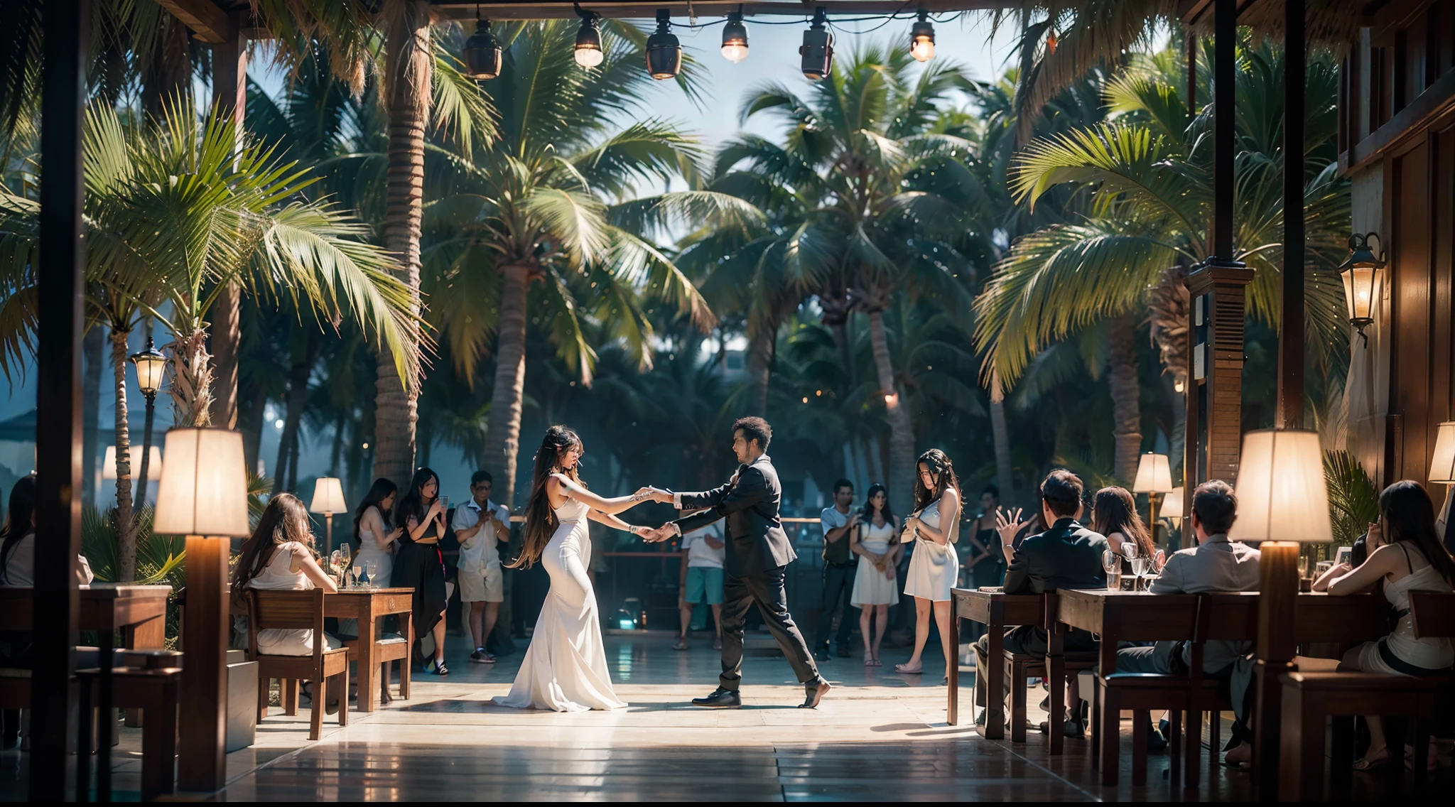 The scene takes place in an elegant seaside nightclub. The place is illuminated by a combination of vibrant and soft lights, creating a mysterious and seductive environment. Tall, lush palm trees surround the space, swaying gently in the warm breeze. Several people are dancing. The sound of sensual music and engaging rhythms fills the air, adding a pulsating energy to the atmosphere.