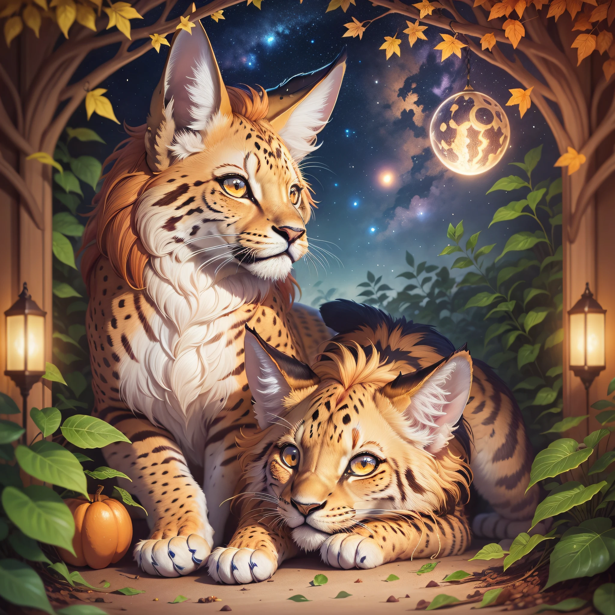 ultra highly detailed, detailed oil painting, liners sketching, an exotic luminous cute lion serval , animal creature by painting style, swirling fur, detailed starry sky, autumn, orange trees, moonlight, , swirling warm leaves, big reflective eyes, filigree, filigree detailed, digital painting, highly detailed, filigree, intricated, intricated pose, clarity, high quality