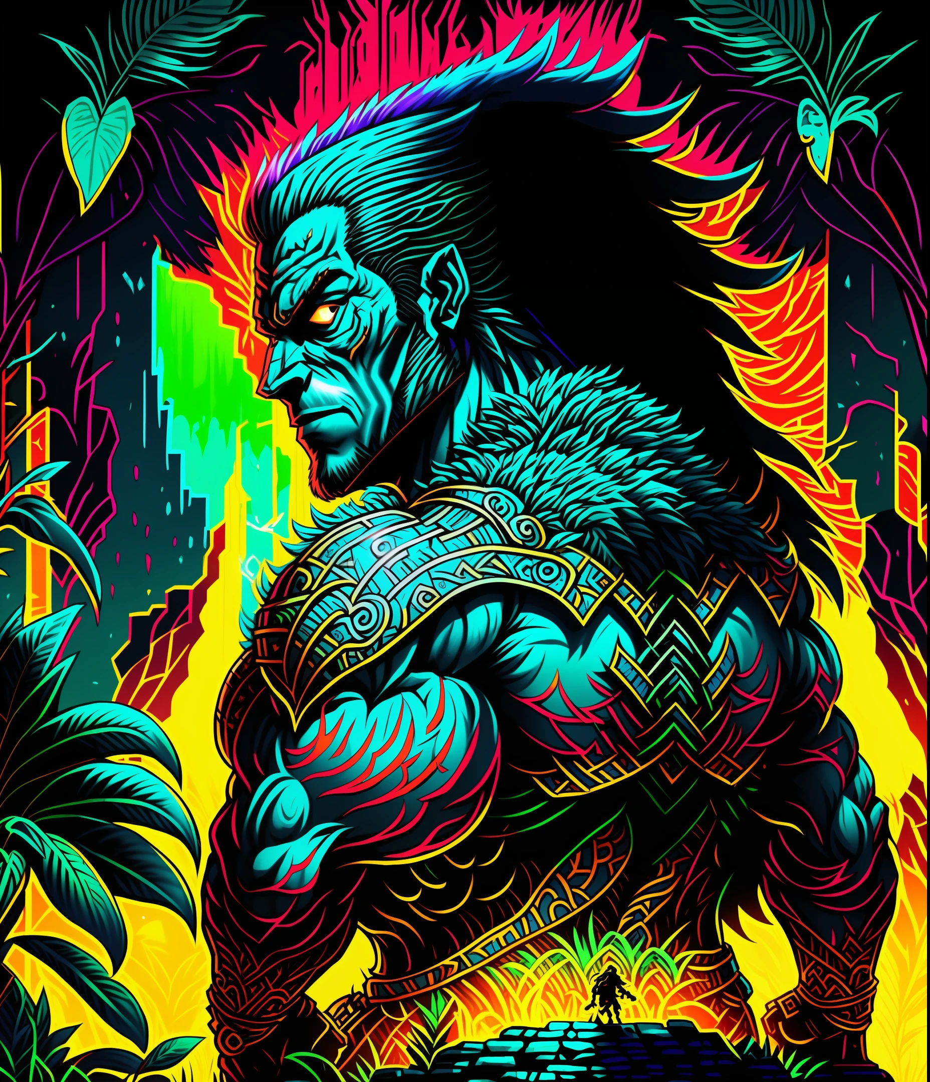 Create a jungle warrior with big muscles and long hair
