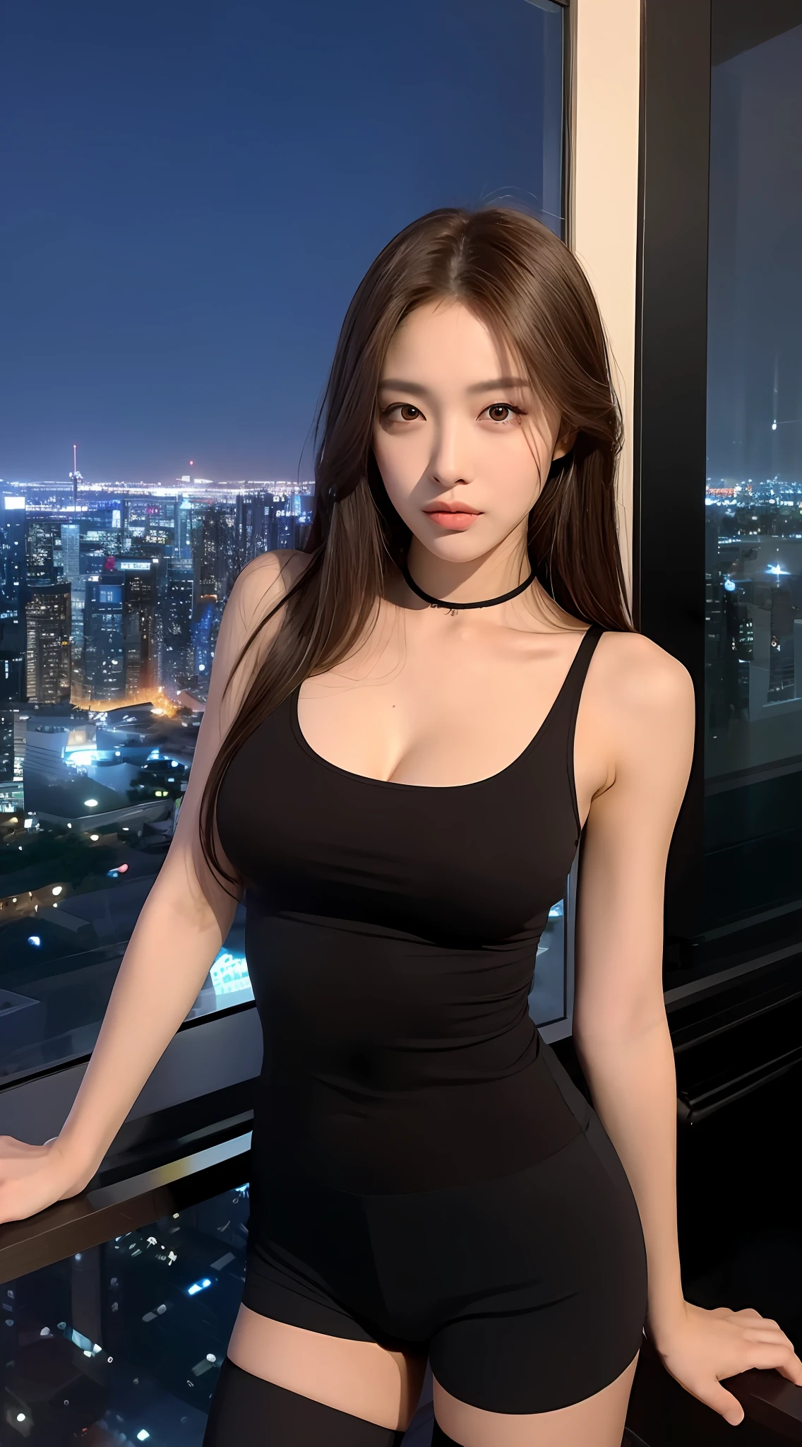 ((Midnight, Best quality, 8k, Masterpiece :1.3)), Whole body, Long legs, Sharp focus :1.2, A pretty woman with perfect figure :1.4, Slender abs :1.1, ((Dark brown hair, Big breasts :1.2)), (Black tight tanktop, black hotpants with black stocking, Standing:1.2), ((Night city view, City:1.3)), Highly detailed face and skin texture, Detailed eyes, Double eyelid