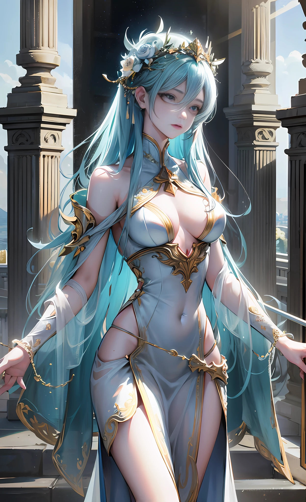 150 meters high marble statue of the goddess decorated with silver ornaments, eyes shining, youth, love, perfect body structure, standing in the mist (cemetery: 1.2), gazing at the sky, sweet expression, holding a cylindrical cane, surrounded by tombstones, meticulous eyes, masterpiece, best quality, intricate details, absurdity, high detail RAW color photo, very detailed, rough lighting, cinematic lighting, contrast, bright light, gigapixel, 8k resolution, film, octane rendering, unreal, High definition, 8K UHD, professional lighting, photon mapping, radiosity, physically based rendering, award-winning photography, backlighting, ray tracing, cinematic lighting --auto --s2