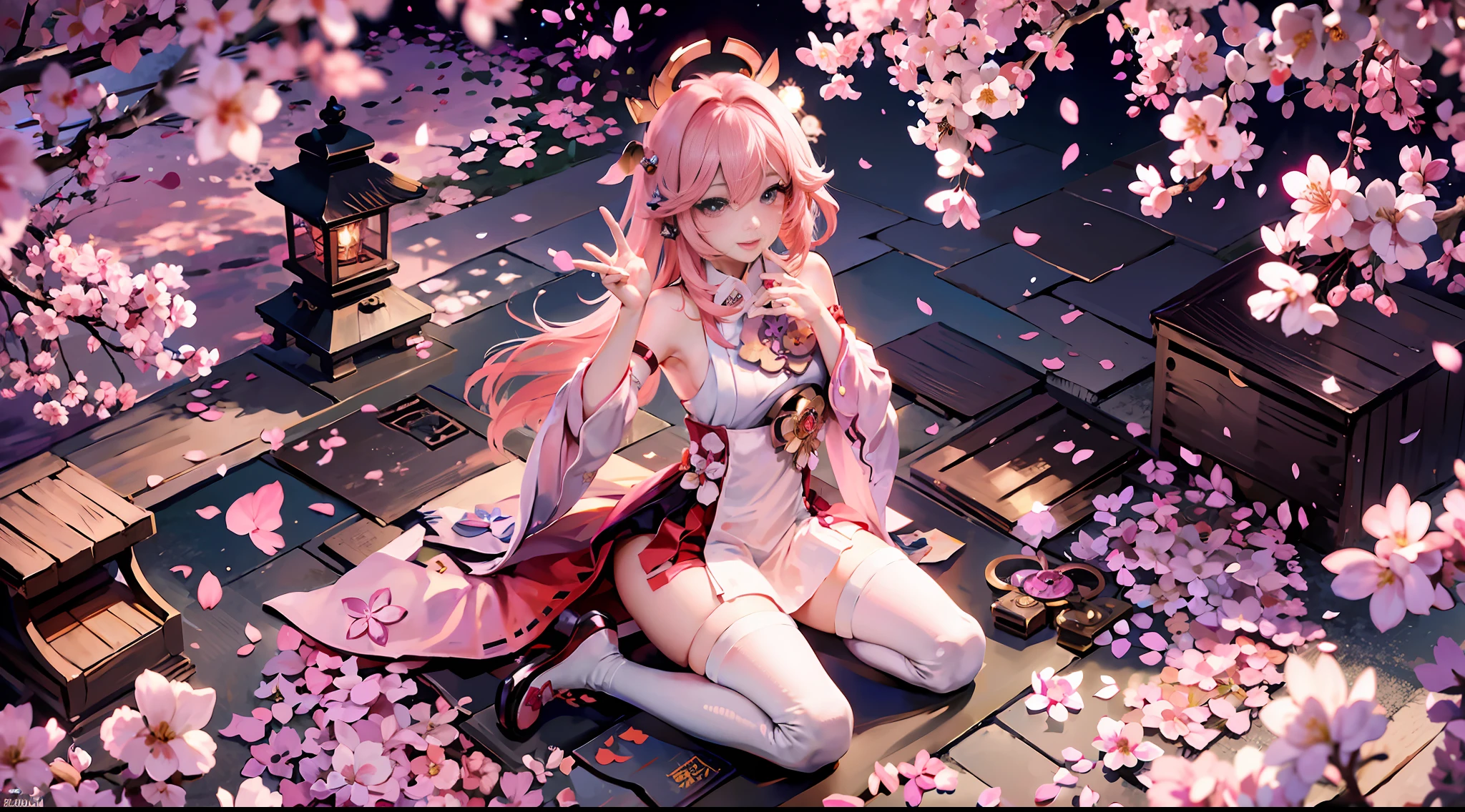 Anime girl poses on cherry blossom ground in pink dress, Kokiyo from Genshin Impact, Nakari from Genshin Impact, Barbie in white stockings, from Azure Lane video game, Ki no Sakura, popular on CGSTATION, Ayaka Genshin Impact, Ayaka game Genshin Impact, Girl squat