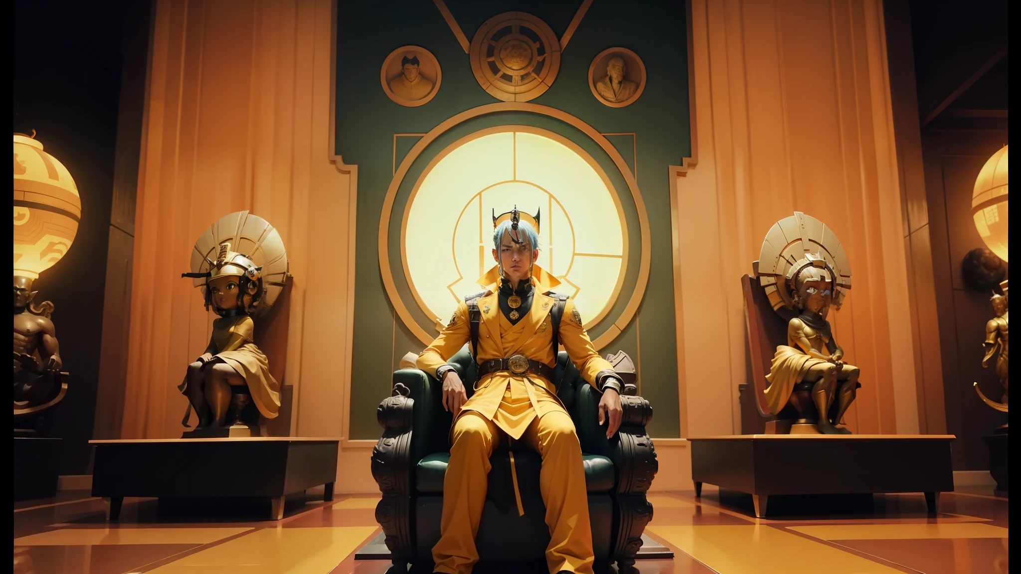 an arafed man sitting on a throne in a room with statues, wearing atompunk jumpsuit, bright yellow color scheme, still from a live action movie, by Osamu Tezuka, temple of the sun, zawadzki, steampunk superhero, screenshot from anime 2 0 1 9, psycho magick insane, nyarlathotep, cosplay photo --auto --s2