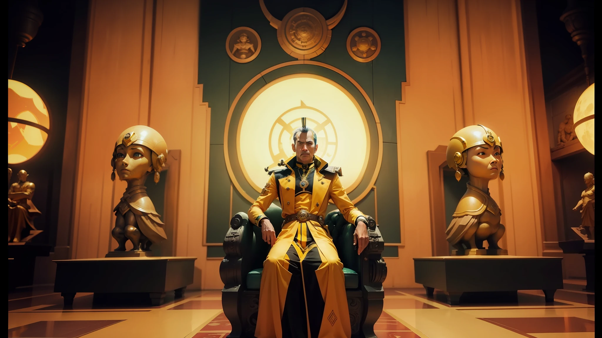 an arafed man sitting on a throne in a room with statues, wearing atompunk jumpsuit, bright yellow color scheme, still from a live action movie, by Osamu Tezuka, temple of the sun, zawadzki, steampunk superhero, screenshot from anime 2 0 1 9, psycho magick insane, nyarlathotep, cosplay photo --auto --s2