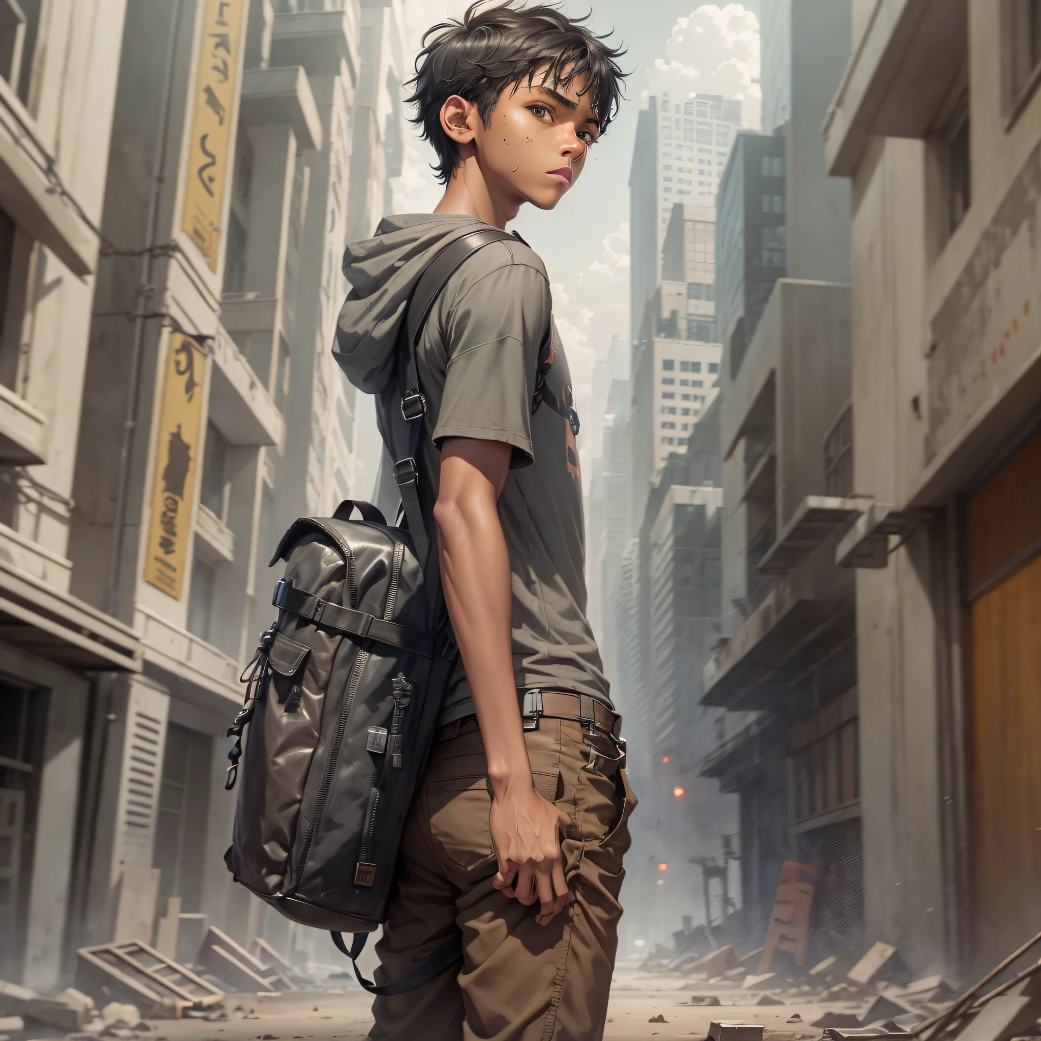 realistic art, young boy, thin, apocalyptic scenery, brown skin, black cap, black t-shirt, open gray shirt, brown pants, backpack on the back, dusty clothing, very short black hair, brown eyes, determined expression, sunset, high saturation, suspense style --auto --s2