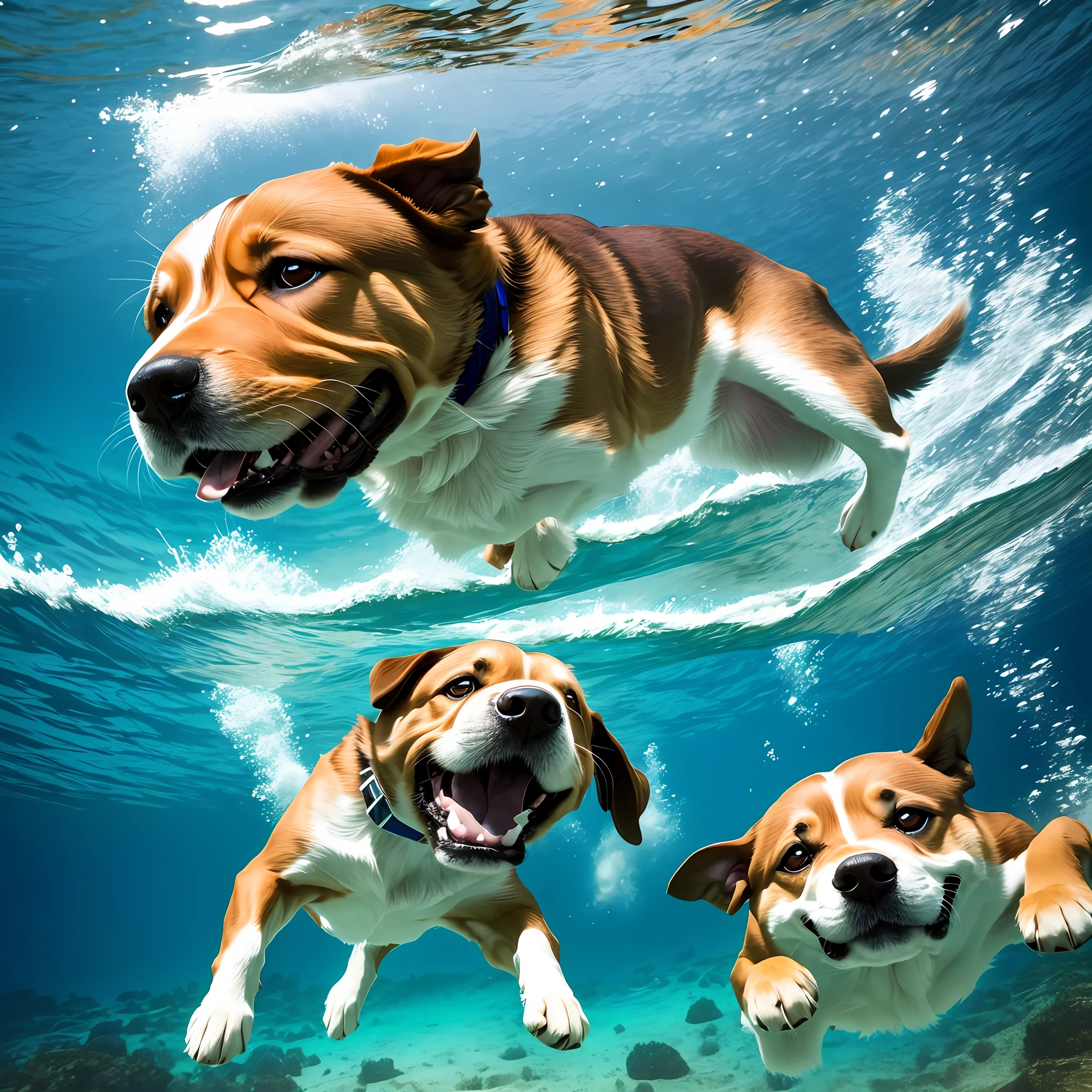 A dog diving, frontal angle, happy expression, crystal clear water, underwater, submerged, bottom of a river, moving water