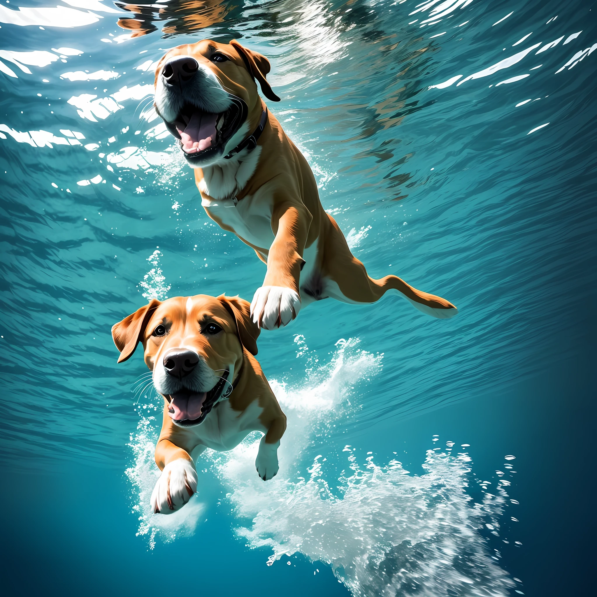A dog diving, frontal angle, happy expression, crystal clear water, underwater, submerged, bottom of a river, moving water