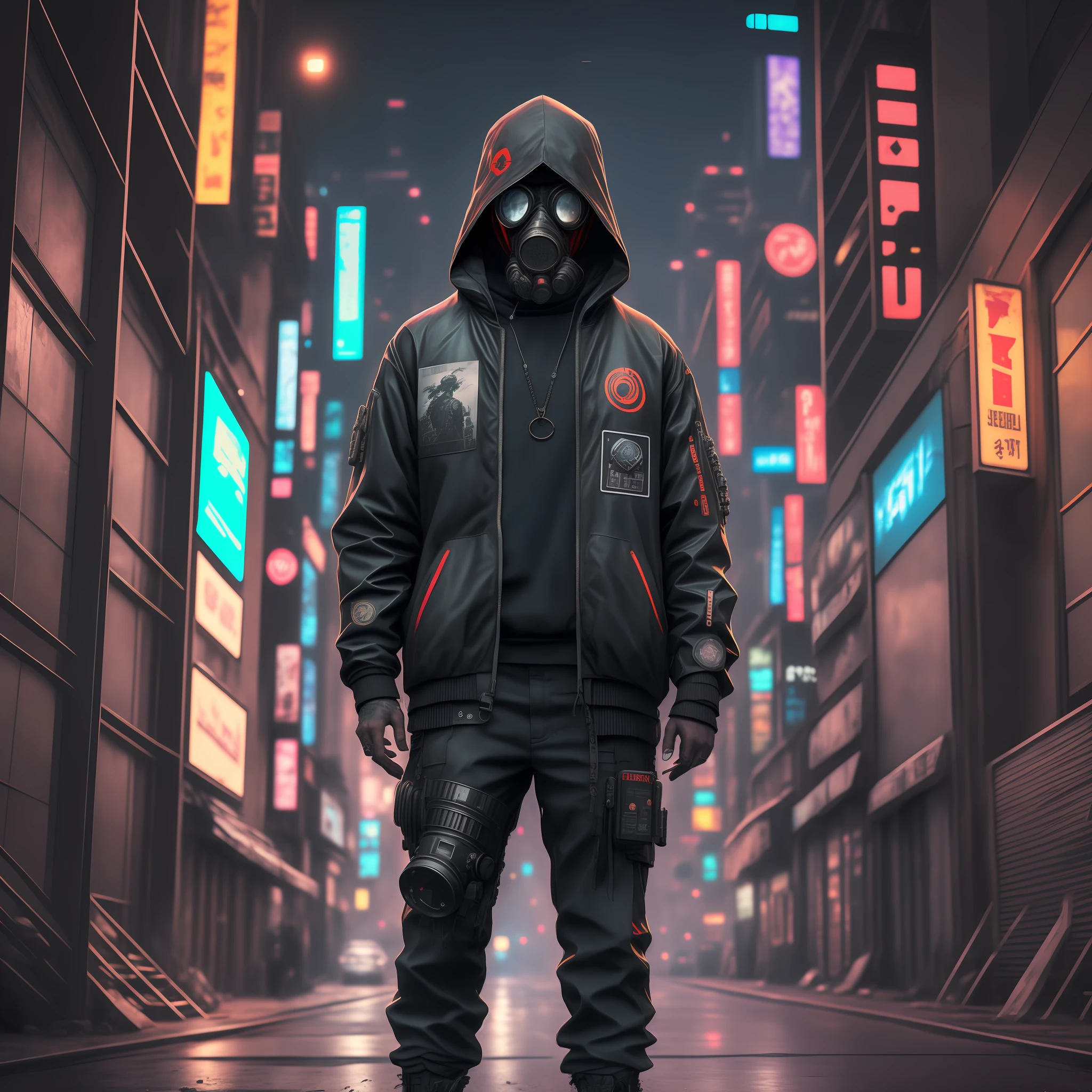 there is a man in a gas mask standing in a city street, badass anime 8 k, cyberpunk street goon, cyberpunk hero, cyberpunk art ultrarealistic 8k, cyberpunk streetwear, cyberpunk digital art, hyper-realistic cyberpunk style, cyberpunk hacker, in cyberpunk city, cyberpunk art style, digital cyberpunk anime art, dan mumford. 8 k octane render, cyberpunk dude