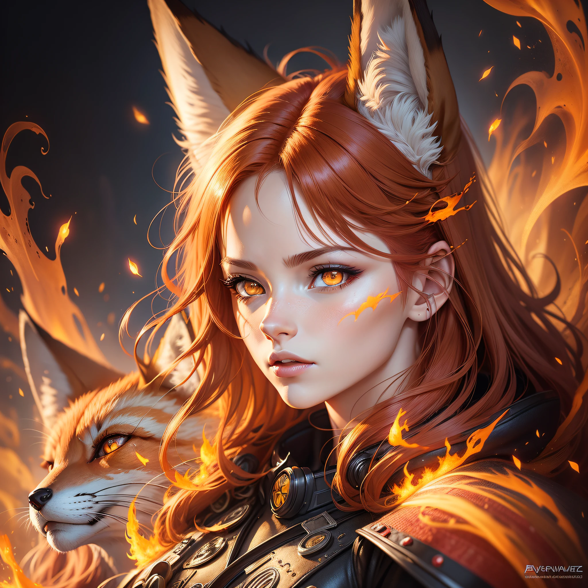 fire fox, glowing yellow eyes, fox ears, redhead, swirling fire in her hair, smoke, ethereal background, fantasy, focus on eyes, head and shoulders portrait, concept art, art by Patrice Murciano, dynamic lighting, hyperdetailed, intricately detailed, volumetric lighting