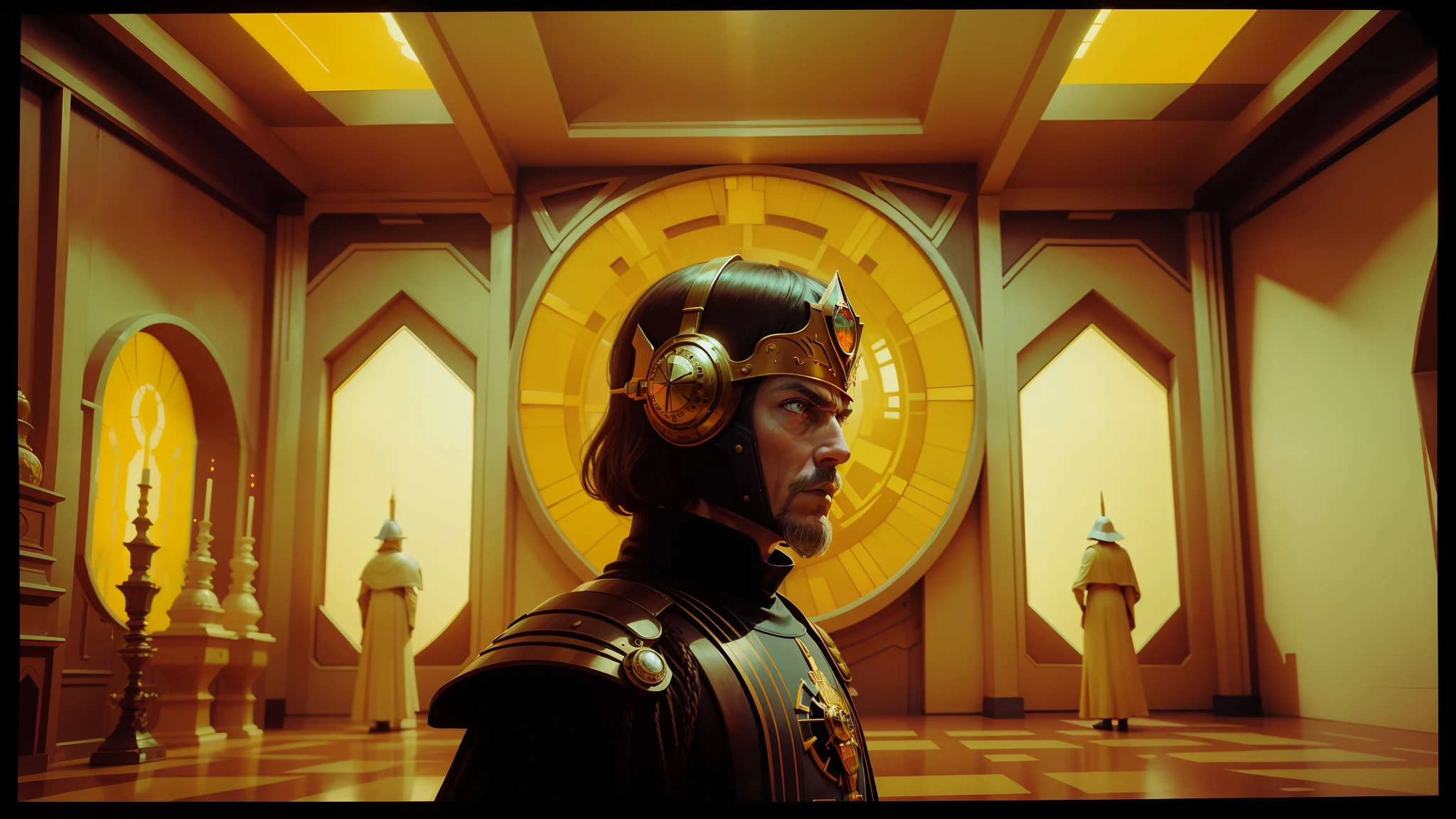 arafed man in a room with a clock and a large window, jodorowsky's dune, film still of luke skywalker, headpiece headpiece headpiece, symmetry composition, yellow carpeted, bob pepper, cedric peyranavernay, sci - fi : :, an empty liminal space, imperial portrait, dark orange, vintage film --auto --s2