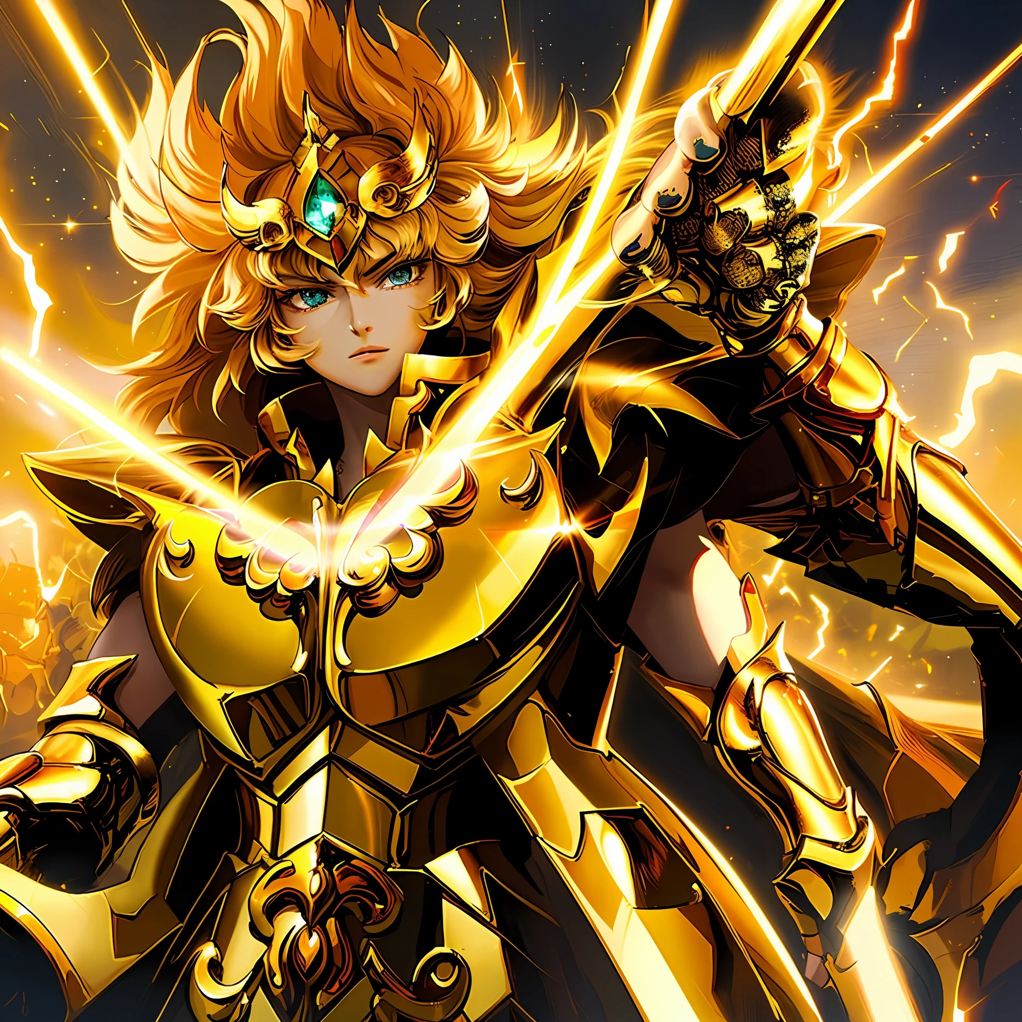 (masterpiece), (best quality), (1girl), girl in golden armor, cool pose, battle field background, fire background, saint seiya armor, messy hair