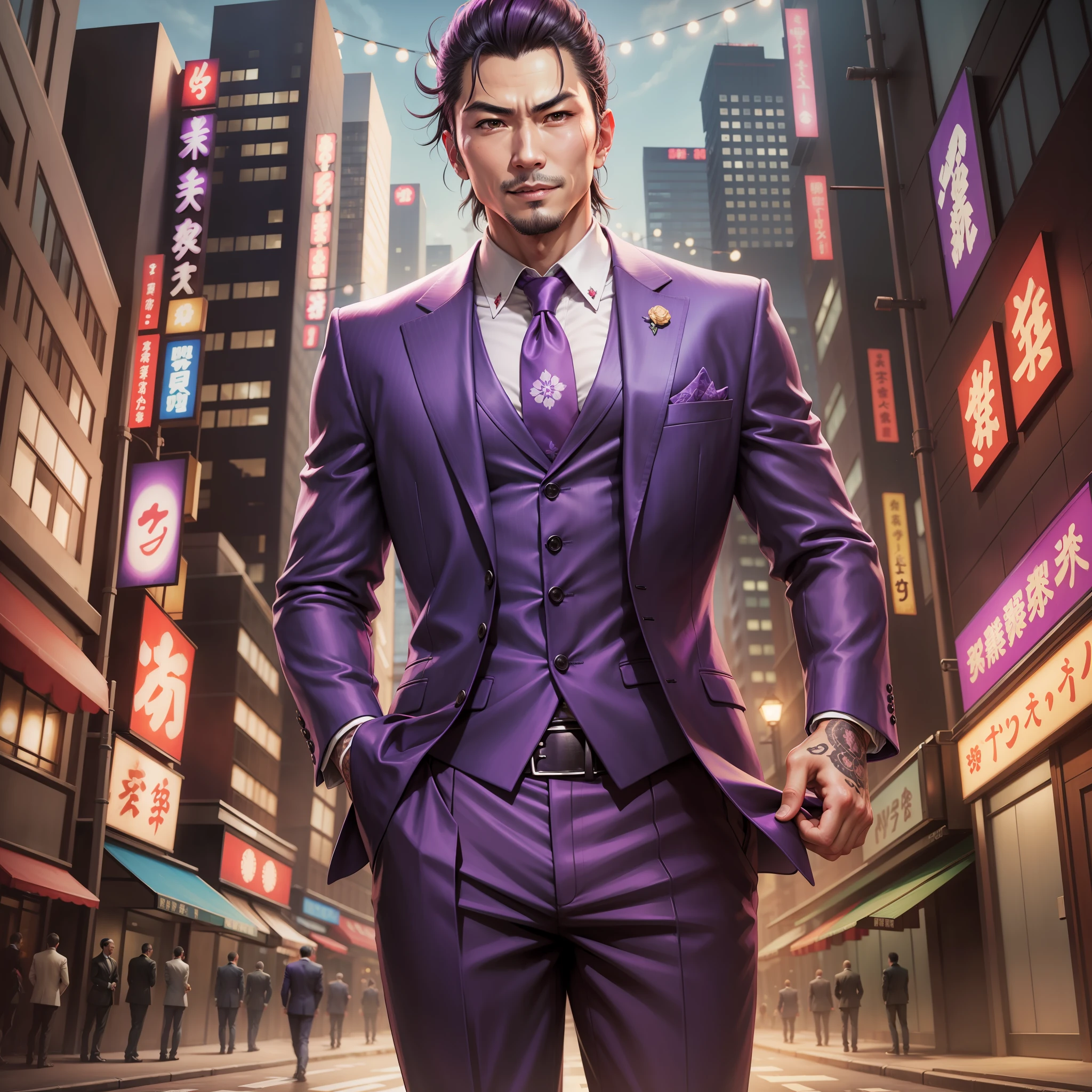 yakuza game, ichiban kasuga, purple suit, city, 1boy, man, mischievous smile, mischievous look