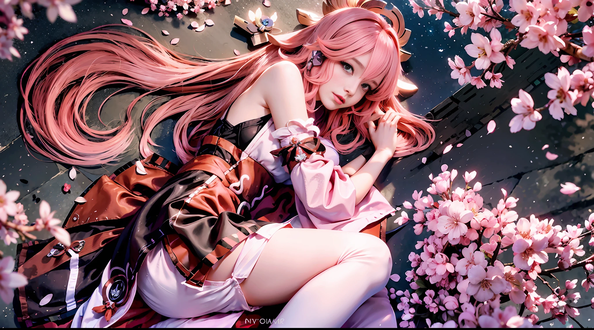 Anime girl poses on cherry blossom ground in pink dress, Kokiyo from Genshin Impact, Nakari from Genshin Impact, Barbie in white stockings, from Azure Lane video game, Ki no Sakura, popular on CGSTATION, Ayaka Genshin Impact, Ayaka Game Genshin Impact, girl sitting, half lying down