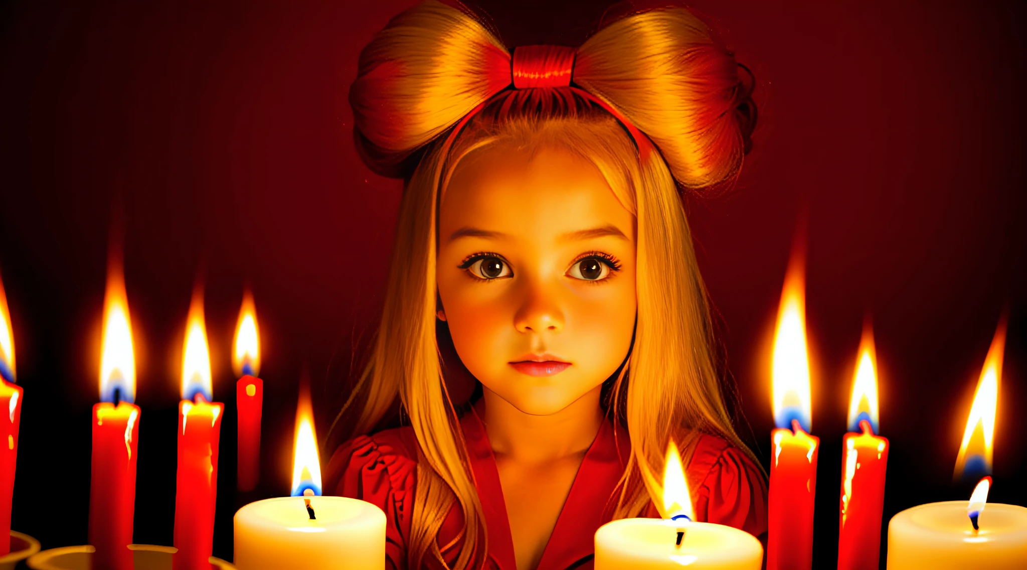 children girl BLONDES WITH GIANT HAIR ON HEAD TIES RED COLOR, RED BACKGROUND, CANDLES WITH FIRE,