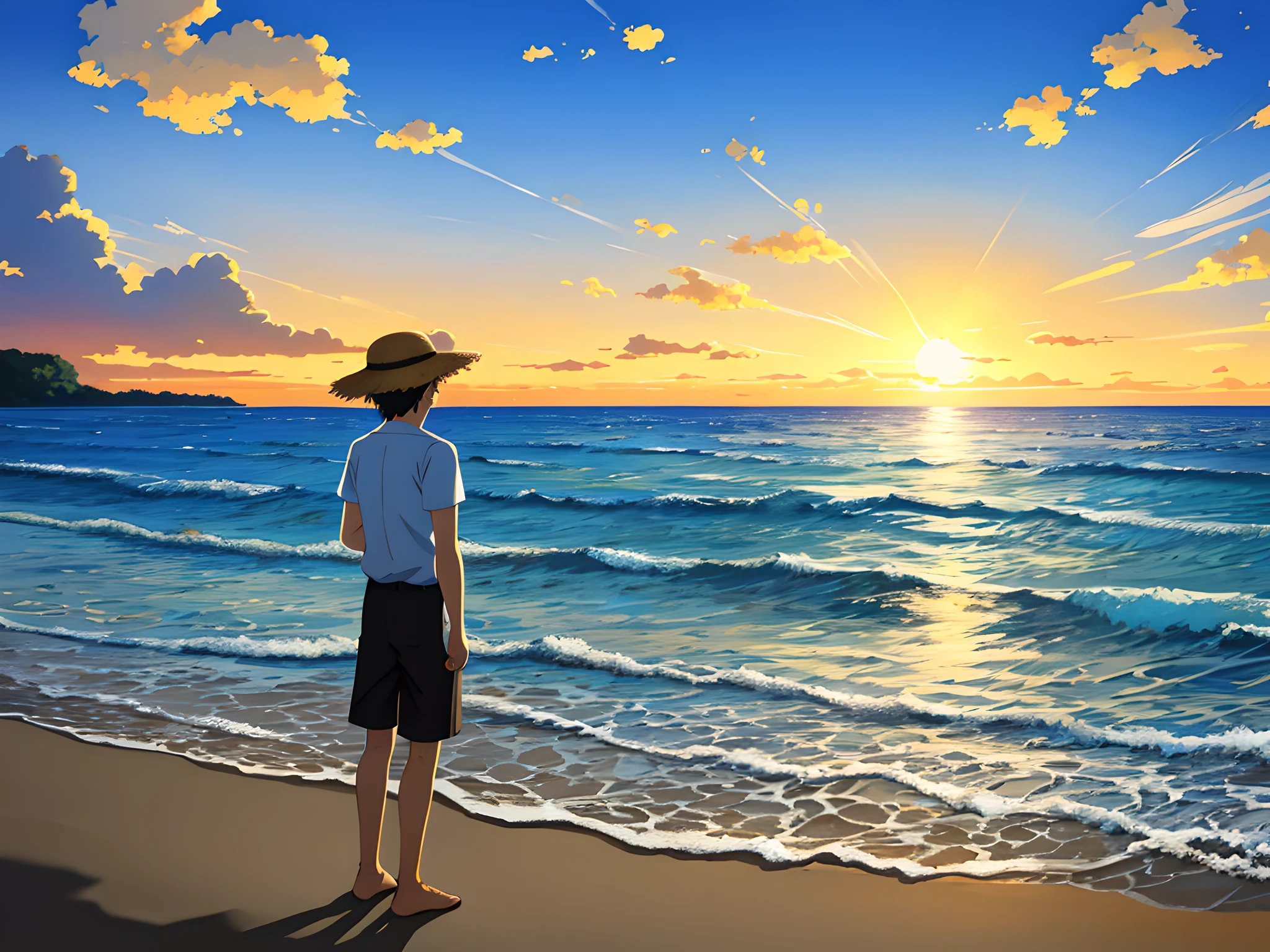 The boy stands with his back to the viewer in the distance, he wears a straw hat (masterpiece: 1.2, best quality: 1.2), nature, sun, sea, landscape background, warm light, sunset, beach, shadows, contrast, clouds, makoto shinkai