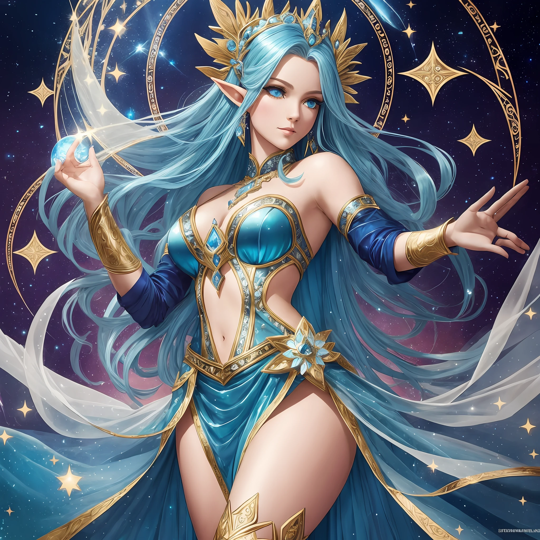 Seraphina, Dancer of the Stars: Seraphina is a graceful elf with hair as blue as the night sky and sparkling silver eyes. She wears a flowing dress, adorned with glittering stones that reflect starlight. Seraphina is known for her magical dance skills, which invoke the celestial energies and enchant those who observe her.Art style Milo Manara --auto --s2