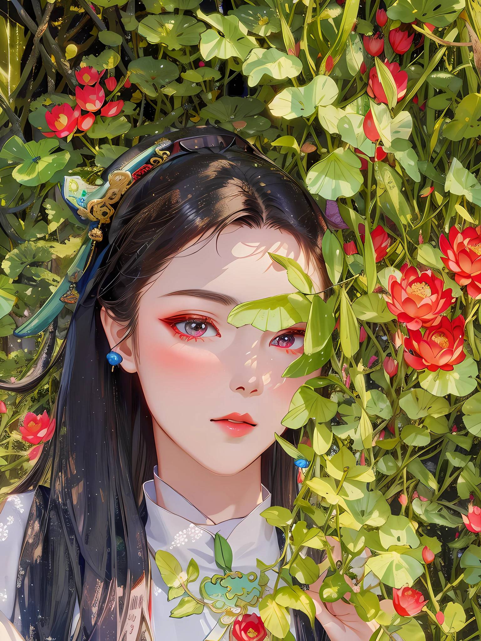 Ancient Chinese beauty, standing in front of some flowers, profile image, red moon season, avatar image, looking at the camera, wearing ancient Chinese clothing, flowing tulle, light silk, lazy pose, large lotus leaves, lotus flowers, ink painting style, clean colors, decisive cutting, white space, freehand, masterpiece, super detailed, epic composition, high quality, highest quality, 4k --v 6