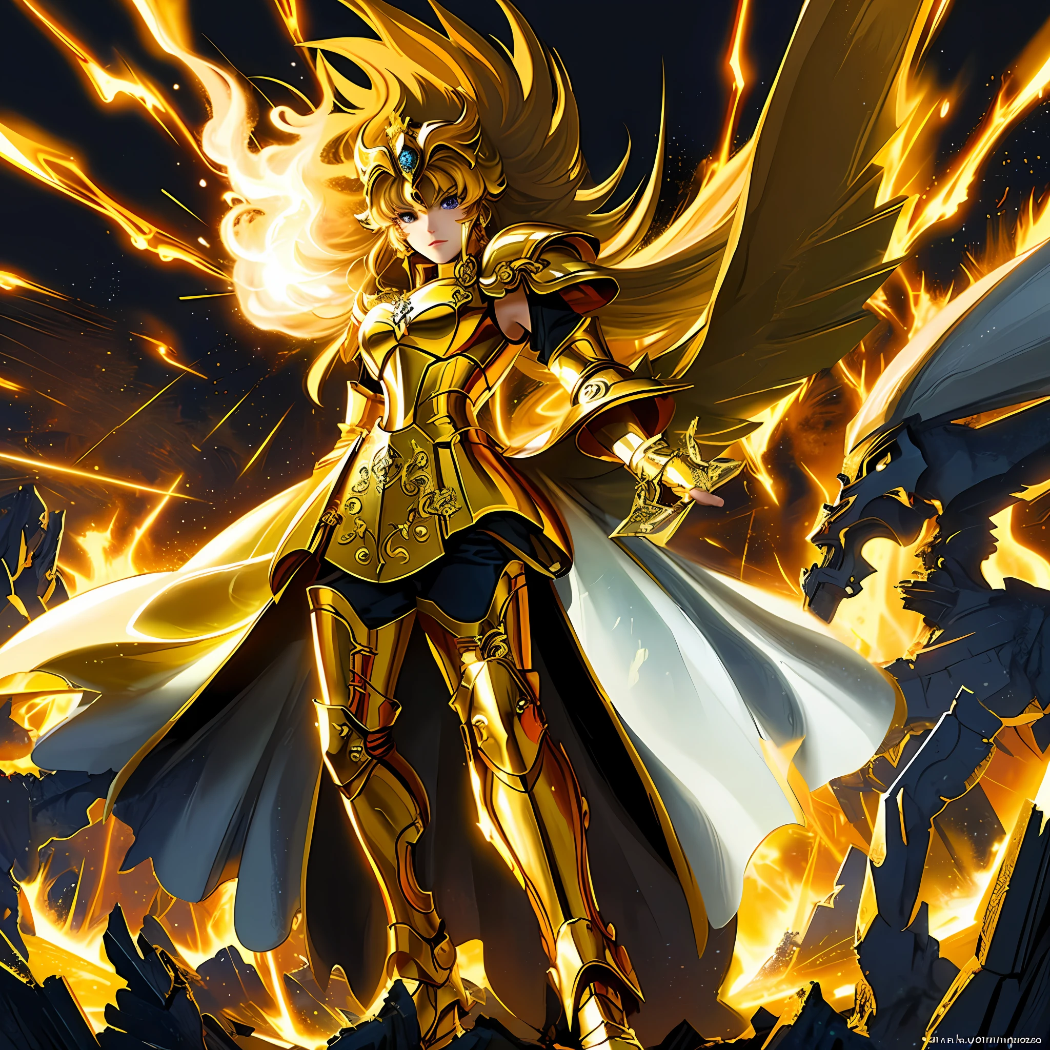 (masterpiece), (best quality), (1girl), girl in golden armor, cool pose, battle field background, fire background, saint seiya armor, messy hair