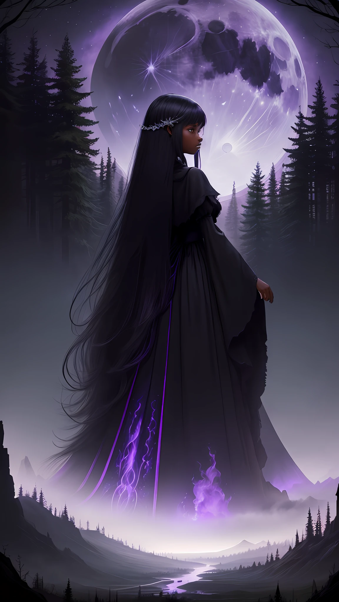 Movie poster production, fantasy style, eerie atmosphere, evening, big scene, fantasy style, forest, horror, dark lights, 1girl (long black straight hair, dark skinned, afro, using princess dress) looking at back, moon in the distance, distant view, there is a slightly castle in the distance, big scene, most detailed, masterpiece, official art, really pretty, dark colors, purple, Detailed HYPER DETAILS, A LOT OF DETAILS, HD, HD, 8K, COWBOY SHOT, HD --v 6