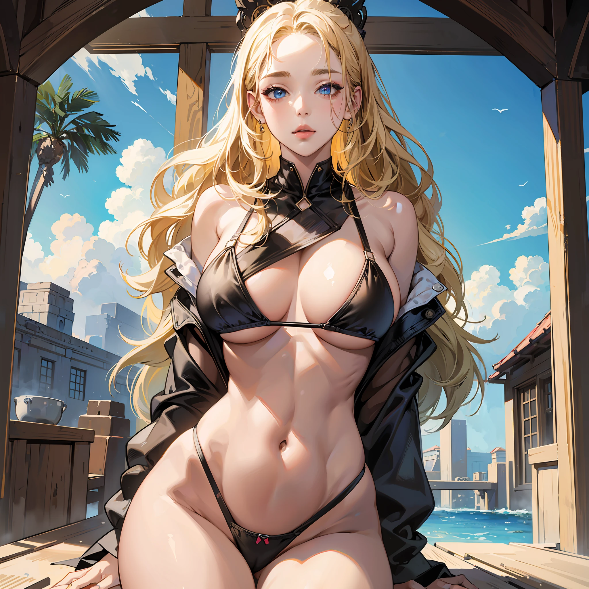 (NFSW) (masterpiece) Girl with very big ass, black bikini, blonde hair, big breasts, extremely wide hips, extremely detailed eyes, extremely detailed face, flat belly, beautiful girl, extremely detailed hair --auto --s2