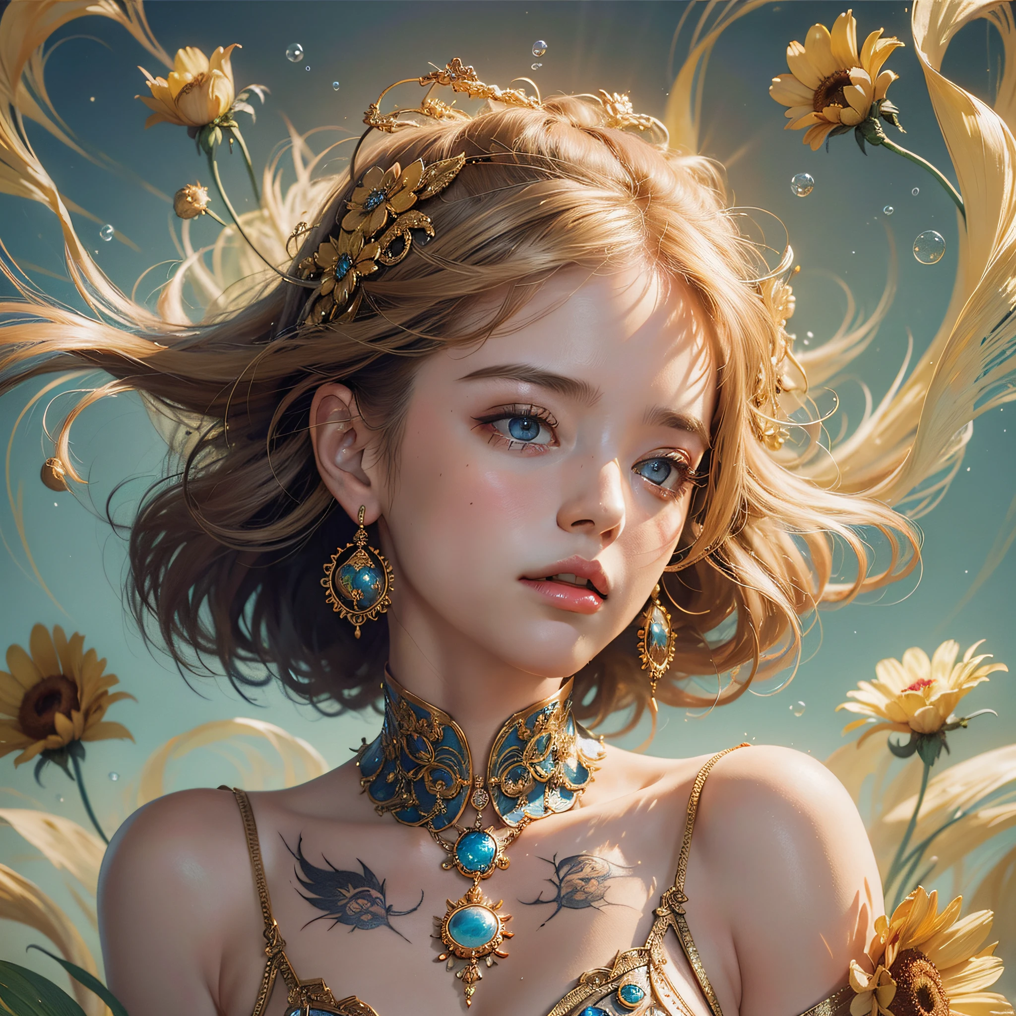 Beautifully and picturesquely detailed portrait of an elegant cloud angel girl in the style of the sun goddess. Surrealism, tattoos, planets, bubbles and dried flowers, hyperrealism. Rolf Armstrong, Craig Davison, Artgerm, Fragonard. A masterpiece of the 18th century, bright pastel colors, sharp focus, slickness, oil painting, heavy brushstrokes, cinematic portrayal of characters, exquisite clothing, intricate fabric. Vogue fashion shoot. super correct hands and fingers, 1 head, no head cut,