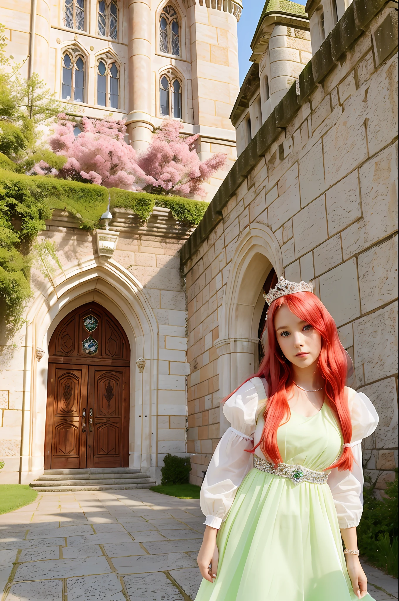 Photo of an adult Princess, 23 years old, bright light pink dress, straight red hair, light green eyes, crown on head, crystal shoe, in front of the castle, white horse --auto --s2