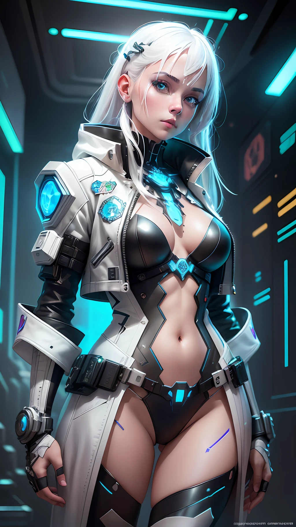 A stunning photorealistic full body photograph of a beautiful cyberpunk girl, albino, white shapeless cyberpunk hair, white eyebrows, , intricate cyberpunk armor, black leather jacket, hyperdetailed painting, luminism, Bar lighting, complex, 4k resolution concept art portrait by Greg Rutkowski, Artgerm, WLOP, Alphonse Mucha, little fusion, realistic fantasy, fractal isometrics details bioluminescence, beautiful awesome, 3d render, octane render, intricately detailed, cinematic, trending on artstation | Isometric | Centered hypereallistic cover photo awesome full color, hand drawn, dark, gritty, realistic mucha, klimt, 12k