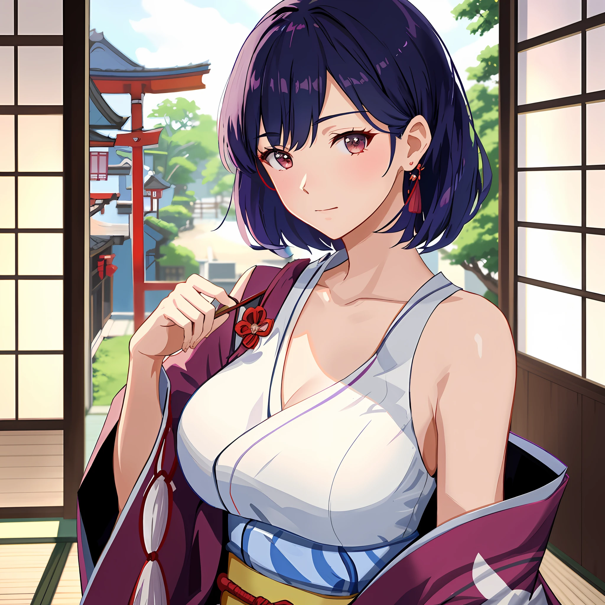 a woman in a kimono outfit standing in front of a window, ayaka genshin impact, in a kimono, in kimono, commission for high res, shikamimi, seductive anime girl, commission for, open v chest clothes, ayaka game genshin impact, cushart krenz key art feminine, painted in anime painter studio, anime moe artstyle