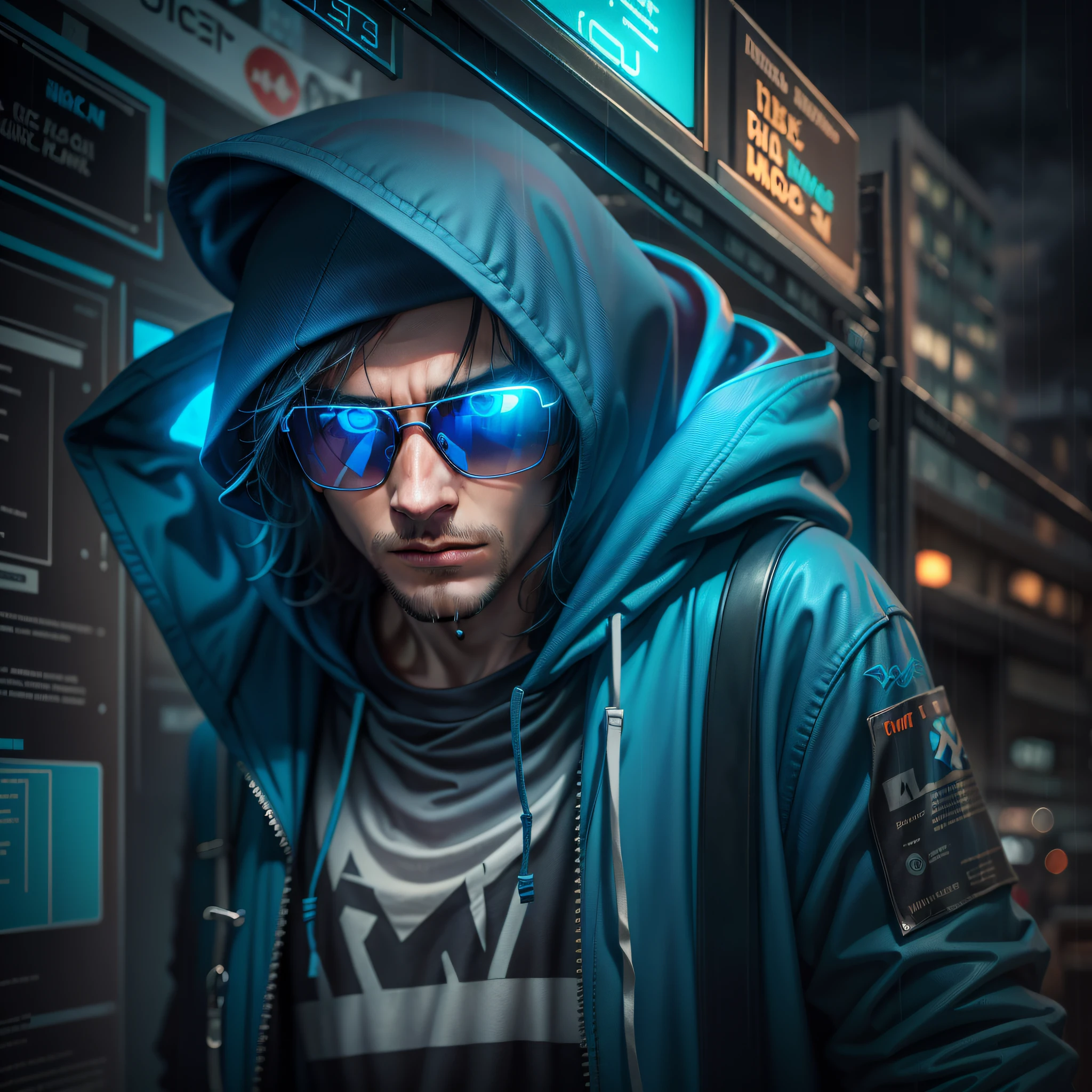 1man, hacker, hood, sunglasses, holding a worm pill and a blue one, movie set, neon light ends, night, rain, volumetric lighting, best quality, masterpiece, realistic