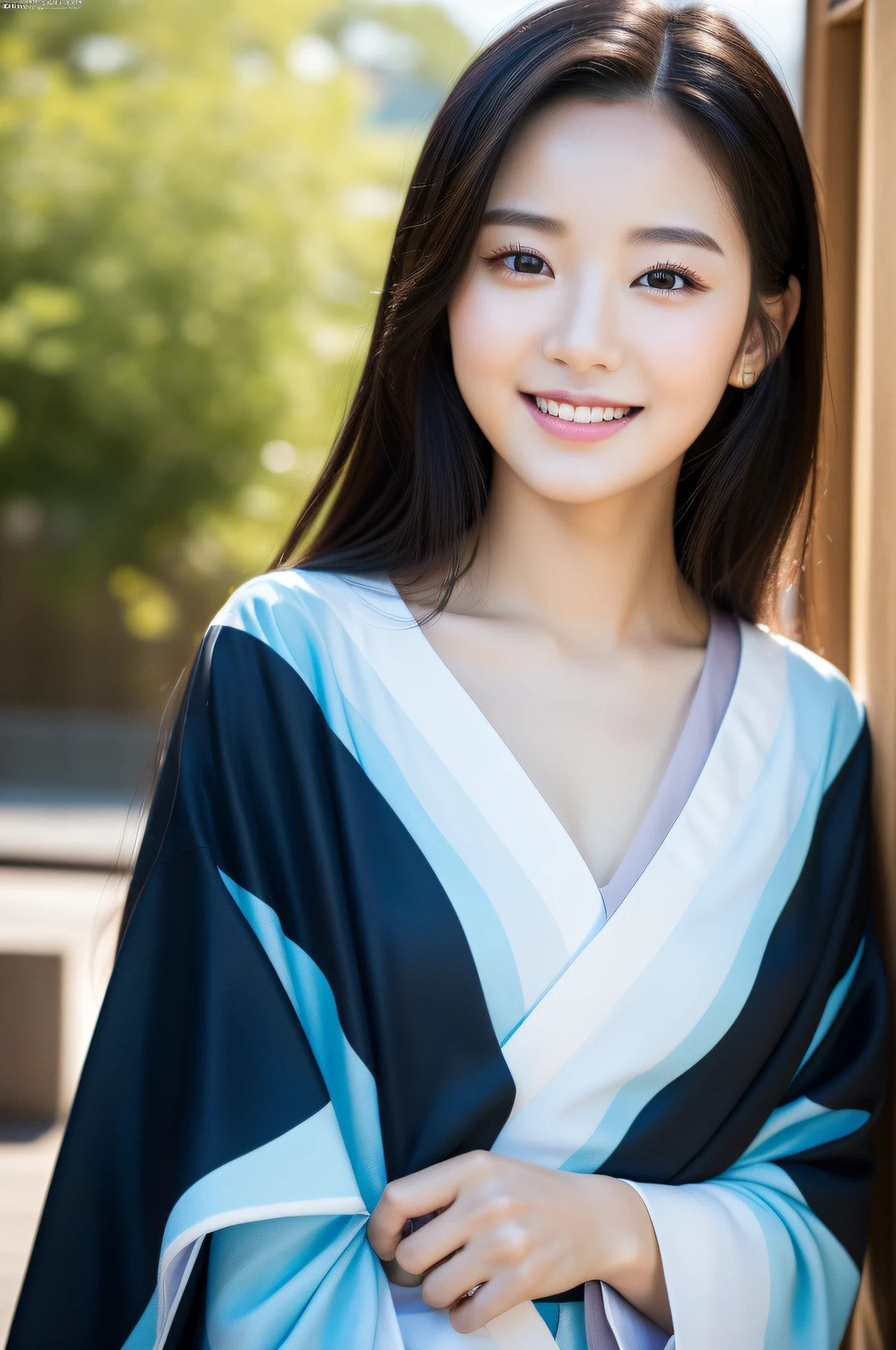 ((Top Quality, 8K, Masterpiece: 1.3)), Sharp Focus: 1.2, (Korean Cute Actress No.1), Realistic Photo (Shiny Skin), Realistic Photo, Black Hair, Wear Kimono, Realistic Pupil, Movie Lighting, Highly Detailed Eyes and Face, Movie Lighting, Smile