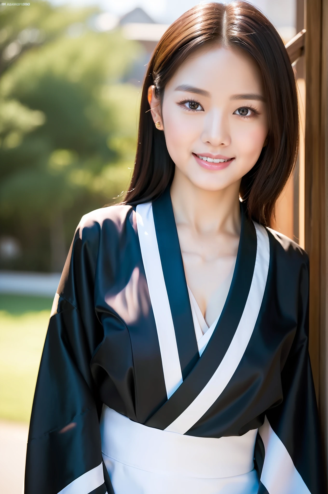 ((Top Quality, 8K, Masterpiece: 1.3)), Sharp Focus: 1.2, (Korean Cute Actress No.1), Realistic Photo (Shiny Skin), Realistic Photo, Black Hair,  Wear Kimono, Realistic Pupil, Movie Lighting, Highly Detailed Eyes and Face, Movie Lighting, Smile