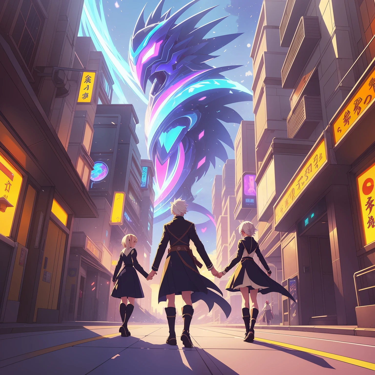 Anime couples are walking in a sci-fi city full of feasting and debauchery. A waist-length girl with white hair and golden pupils is leading a man with medium hair. Shadows of dragons and phoenixes emerge behind them. Close-up perspective. Concept art Makoto Shinkai, pixiv winner, romanticism, Makoto Shinkai Cyril Rolando, love concept art, ros trance. Landscape background, Ross Tran and Makoto Shinkai, Ross Tran and Ilya Kuvshinov, Loish and Ross Tran. --auto --s2