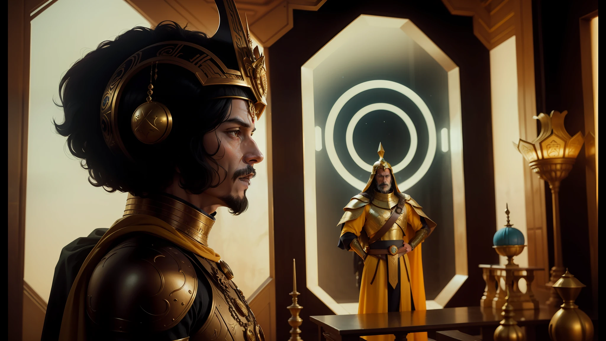 there is a man in a costume and helmet standing in a room, jodorowsky's dune, anya_taylor-joy, intricate gold crown, by Sardar Sobha Singh, jeff goldblum, film still from 'thor', beautiful sci - fi twins, cgsociety 9, monkey king, krull, 2070s, ankh --auto --s2