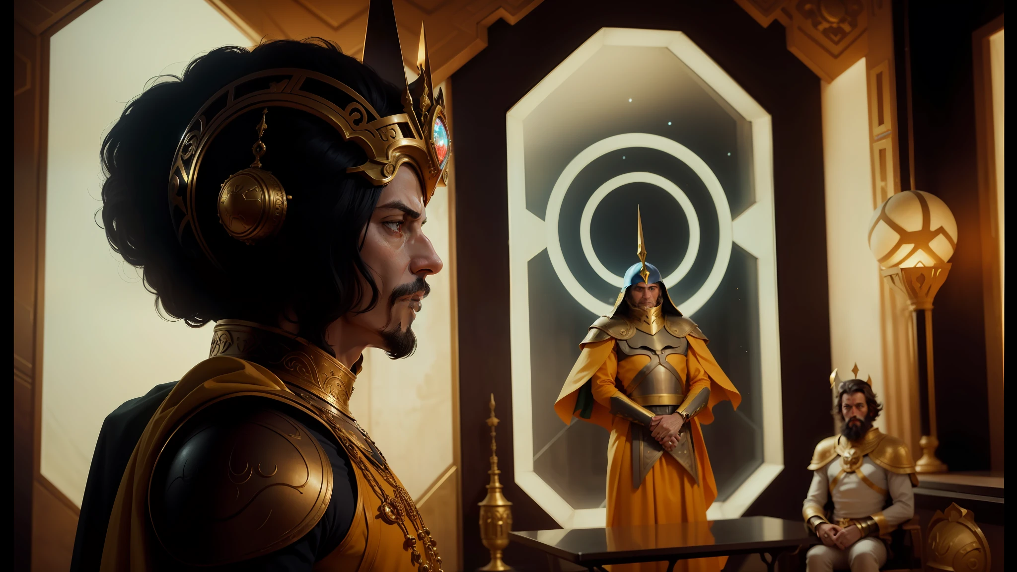 there is a man in a costume and helmet standing in a room, jodorowsky's dune, anya_taylor-joy, intricate gold crown, by Sardar Sobha Singh, jeff goldblum, film still from 'thor', beautiful sci - fi twins, cgsociety 9, monkey king, krull, 2070s, ankh --auto --s2