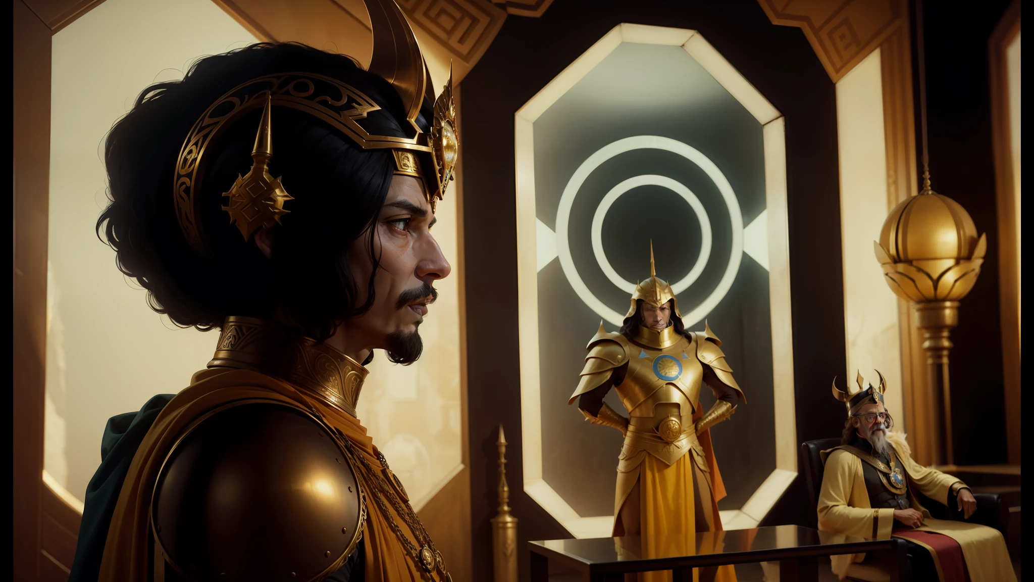 there is a man in a costume and helmet standing in a room, jodorowsky's dune, anya_taylor-joy, intricate gold crown, by Sardar Sobha Singh, jeff goldblum, film still from 'thor', beautiful sci - fi twins, cgsociety 9, monkey king, krull, 2070s, ankh --auto --s2