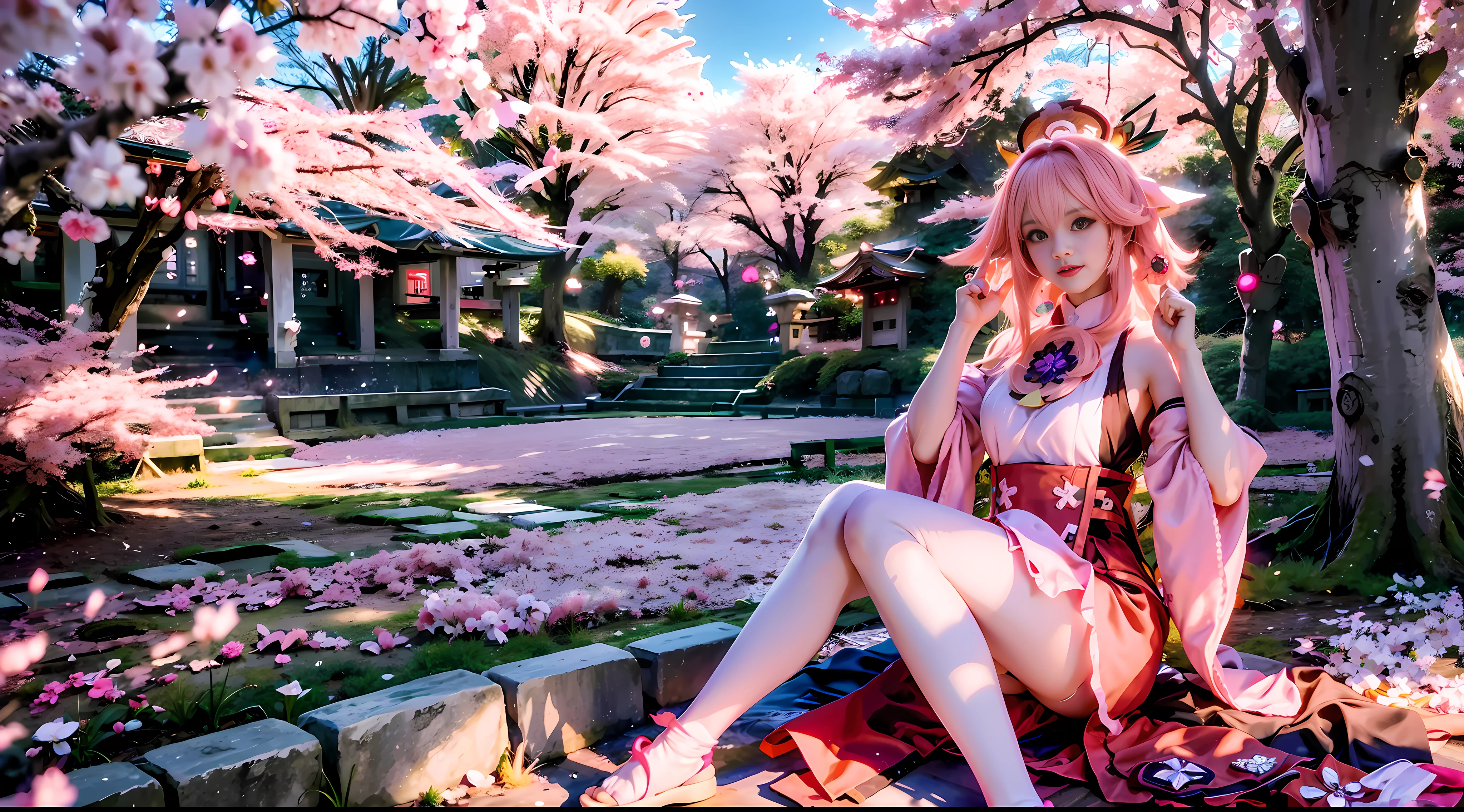 Anime girl poses on cherry blossom ground in pink dress, Kokiyo from Genshin Impact, Nakari from Genshin Impact, Barbie in white stockings, from Azure Lane video game, Ki no Sakura, popular on CGSTATION, Ayaka Genshin Impact, Ayaka game Genshin Impact, Girl sitting,