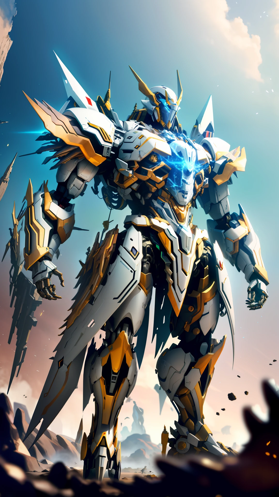 8k wallpaper, masterpiece, cinematic lighting, best quality, illustration, dramatic angle, body, ((mecha: 1.4)), [(porcelain\(material),):0.7):1], robot, mecha, solo, no human, standing, science fiction, gradient, redesign, gradient background, gold, white, giant chopping knife