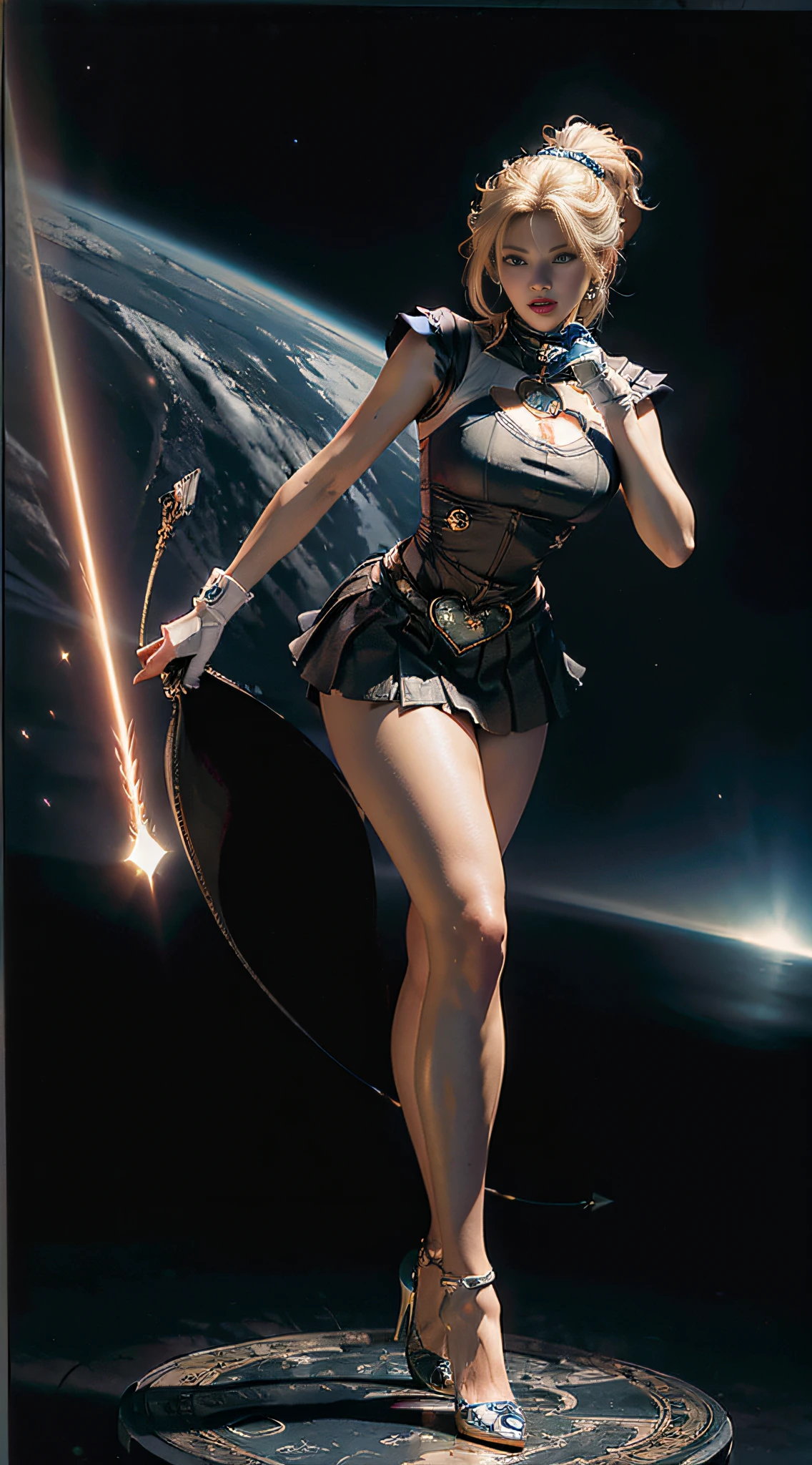 (CG Unity 8K wallpaper with extreme details, masterpiece, highest quality), (exquisite lighting and shadow, highly dramatic image, cinematic lens effect), (Sailor Moon: 1.1), double tails, blue eyes, blonde hair, tight top, white gloves, mini skirt, dynamic pose), space station in the background (excellent detail, excellent lighting, wide angle), (excellent rendering,  enough to stand out in its class), ((ultra detailed and toned legs)), (((ultra detailed waist))), (((very wide hips))), (((very thick and toned thighs))), (sexy), (((extreme hourglass figure))), (((very thick heart lips))), ((red lipstick)), ((ultra detailed lips)), ((ultra detailed blue eyes)), ((angry look)), (((staring at the viewer))), ultra detailed provocative mouth, extremely beautiful seductive lips,  ((blush)), (makeup), (((ultra defined waist))), eye shadow, (full body shot