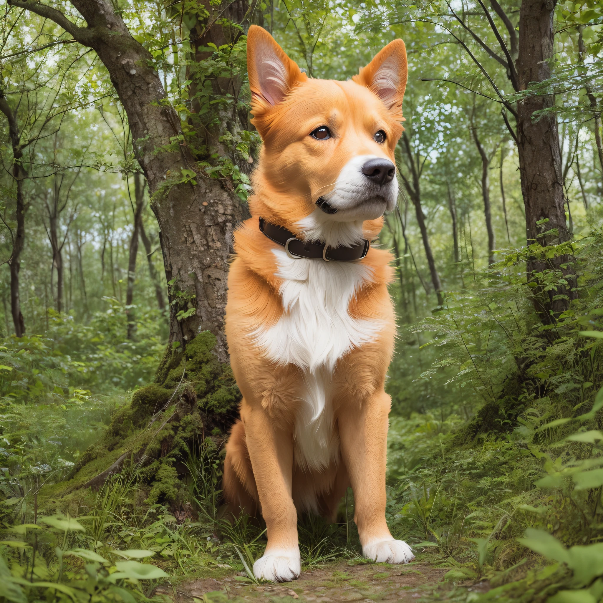 An orange-haired dog staring intently ahead. The dense vegetation of the forest creates a vibrant and lively scenery. An oil painting that depicts the scene in minute detail, highlighting the dog's expressions and the texture of the dog's fur --auto --s2