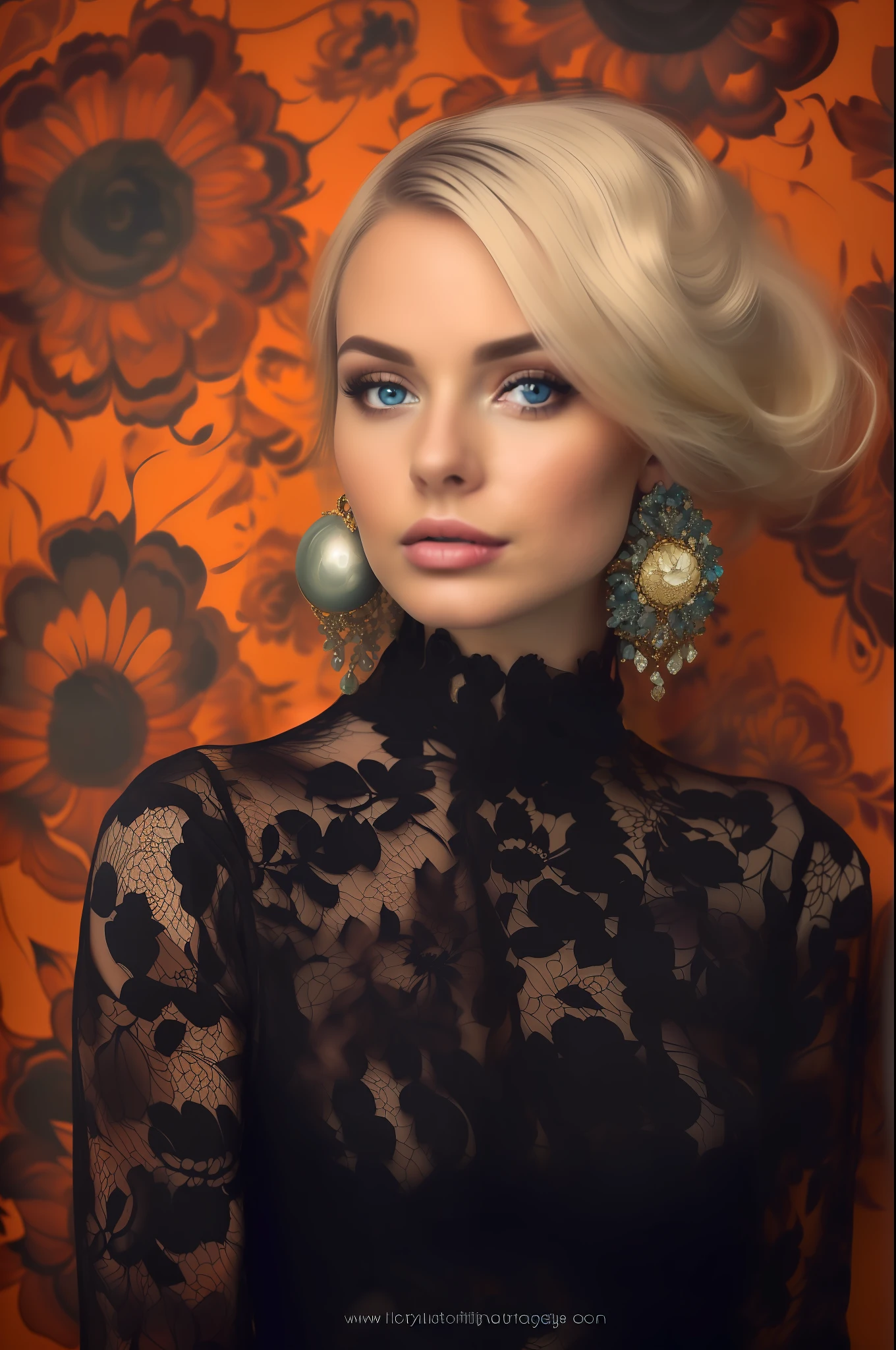 blond woman with blue eyes and earrings posing in front of a floral wall, elegant portrait, portrait shot, fashion portrait, fashion photography portrait, glamour portrait, elegant fashion model, gorgeous woman, portrait color glamour, stunning portrait, fine art fashion photography, portrait stunning, high quality portrait, gorgeous portrait, fine art fashion magazine style, ornate hair, portrait fashion model