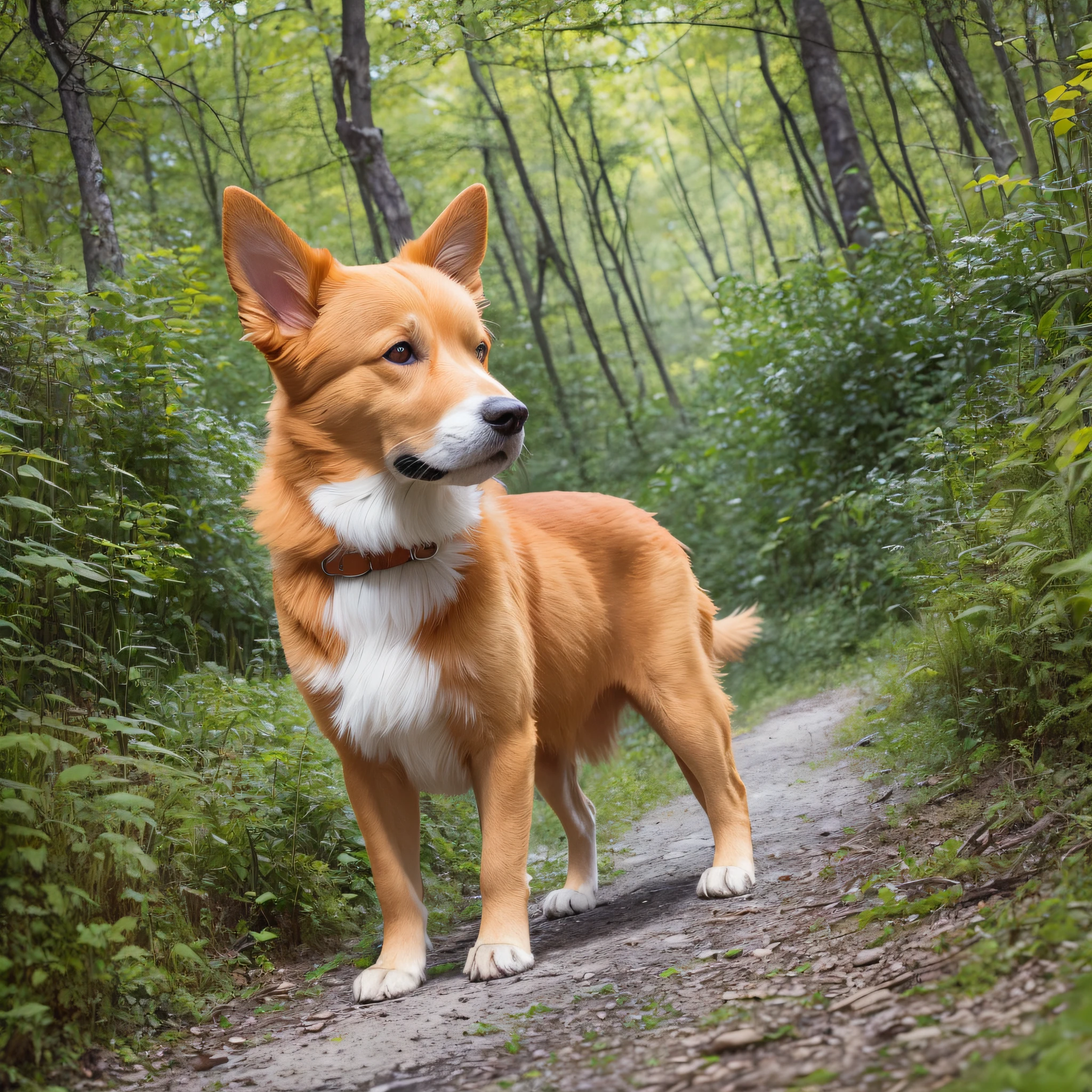 An orange-haired dog staring intently ahead. The dense vegetation of the forest creates a vibrant and lively scenery. An oil painting that depicts the scene in minute detail, highlighting the dog's expressions and the texture of the dog's fur --auto --s2