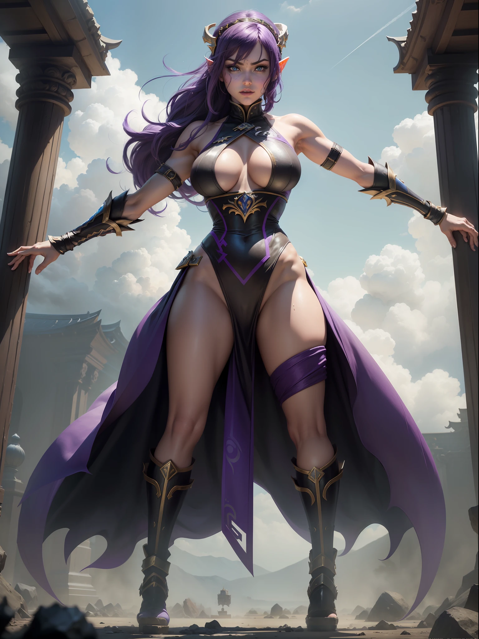 (((Full body photo, feet on the ground, front view))). ((Mortal Kombat/Princess Zelda wearing Mileena's costume)), ((she has very large breasts, is wearing a black suit with no skirt with purple parts, no cloak, no cape, extremely exhibitionist, extremely tight on the body)). ((In a macabre temple raining grouseously, with clouds charged in the sky)). ((She has {very short purple hair}, {blue eyes})), her hair and body are very wet, is staring at the viewer with smile, ninja weapons, closed fists, fighting position, flushed face, anime, Mortal Kombat, 16k, high quality, high details, award winning, highres, textured skin, anatomically correct, masterpiece, ccurate, UHD