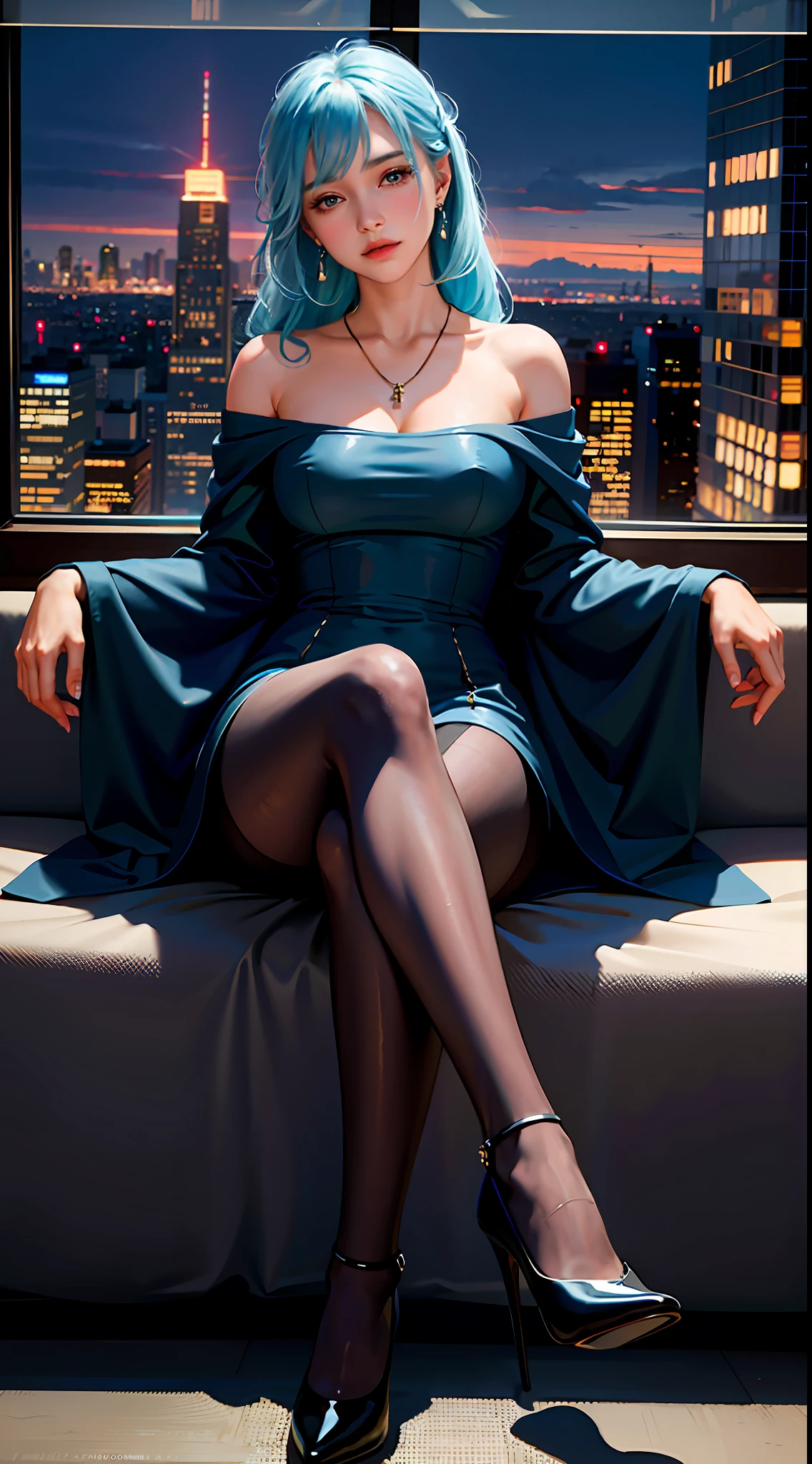 (8k, RAW photo, best quality, masterpiece: 1.2), (((1girl, solo)))), (perfect eyes), detailed face, detailed skin, aqua eyes, ((light hair)), long hair, (ornament hair, earrings, necklace), portrait, (dark dress: 1.3), revealing clothes,, looking at the viewer, looking at the camera, (black pantyhose, pantyhose), crossed legs, (high heels: 1.5), window, city, street, night, hotel, skyline, view, cinematic, bare shoulder, sample legs, legs