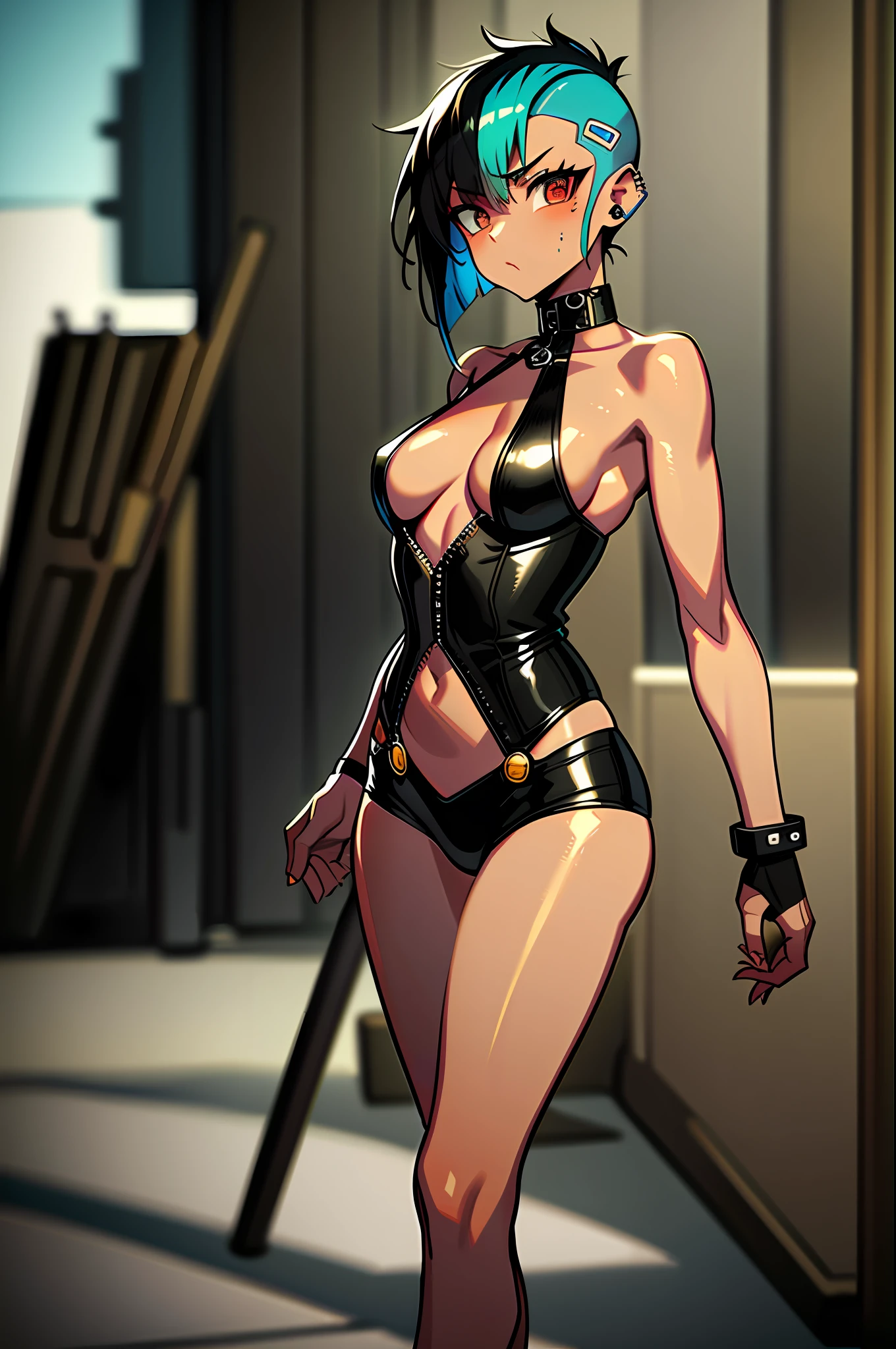 masterpiece, best quality, 8k, artstation, wallpaper, official art, sharp focus, beautiful woman, brown skin, cyan hair, semi-naked sexy woman, hentai, perfect face, leather clothing, little clothing, short hair, punk hair, shaved sides, mohawk, cyberpunk, (solo), toucan mask, heavy metal singer