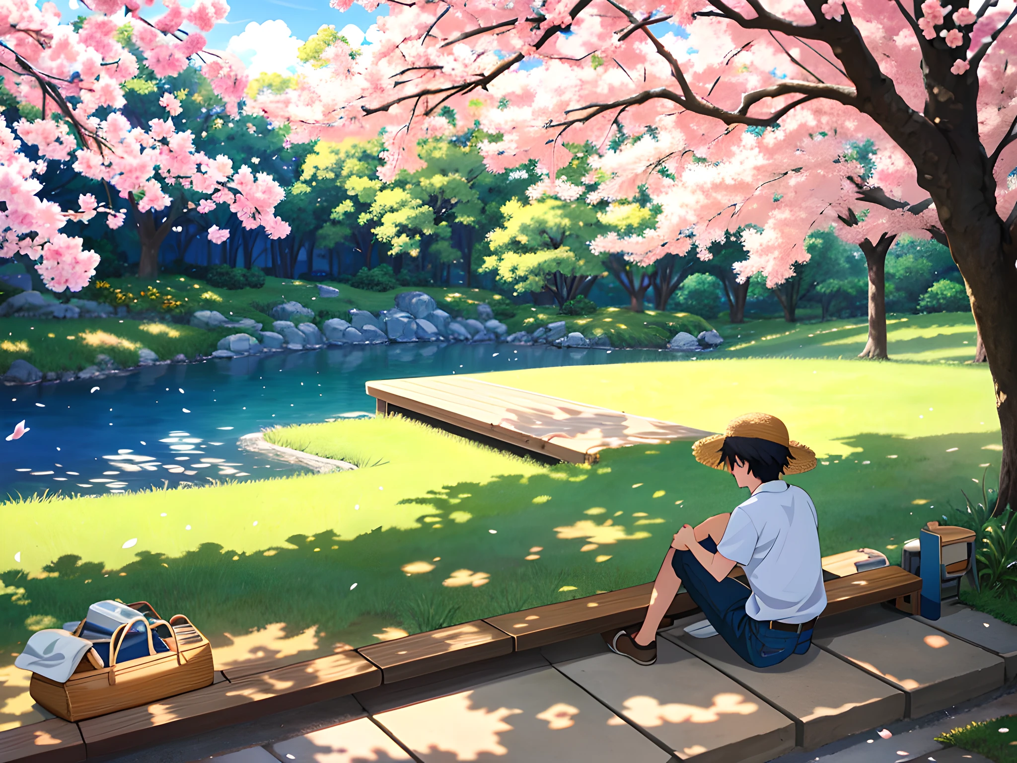 The boy is sitting on a bench, with his back to the viewer in the distance, he wears a straw hat, denim shorts, a white polo shirt (masterpiece: 1.2, best quality: 1.2), nature, sun, park, landscape background, warm light, sunset, cherry blossoms, shadows, contrast, clouds, makoto shinkai, 8k